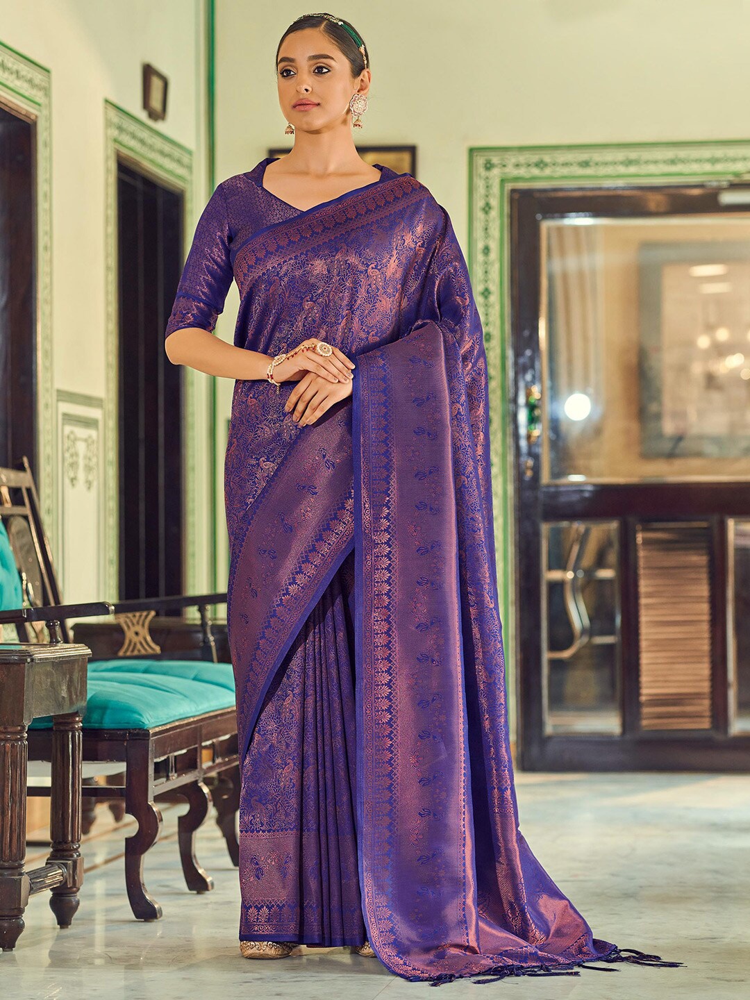 

KARAGIRI Ethnic Motif Woven Design Zari Saree, Violet