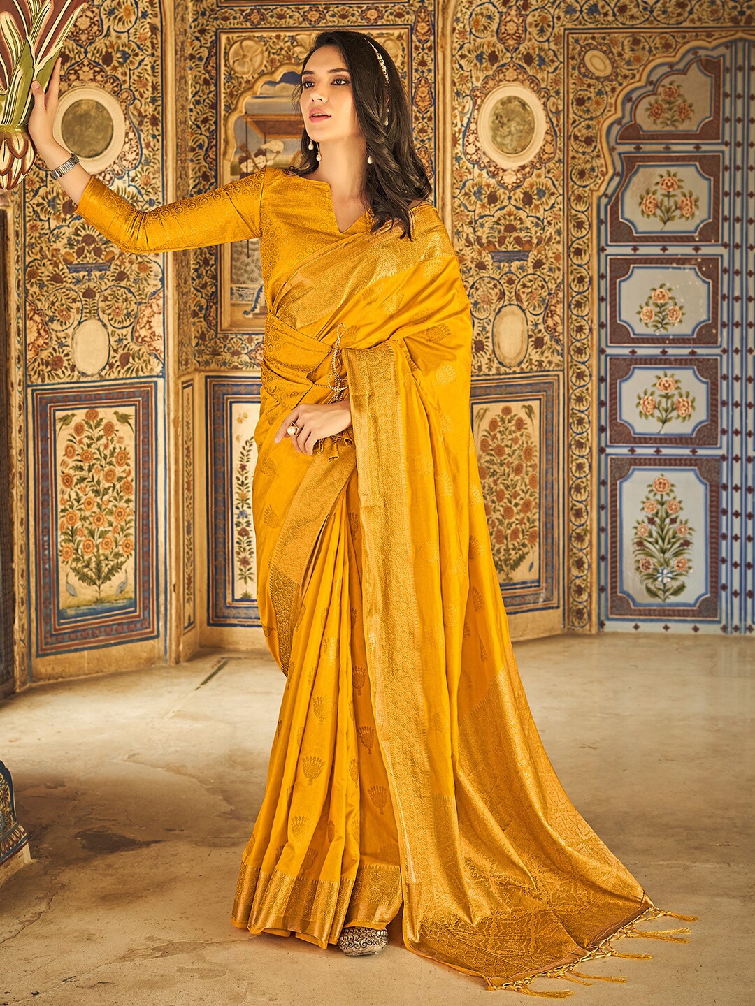 

KARAGIRI Ethnic Motifs Woven Design Zari Saree, Yellow