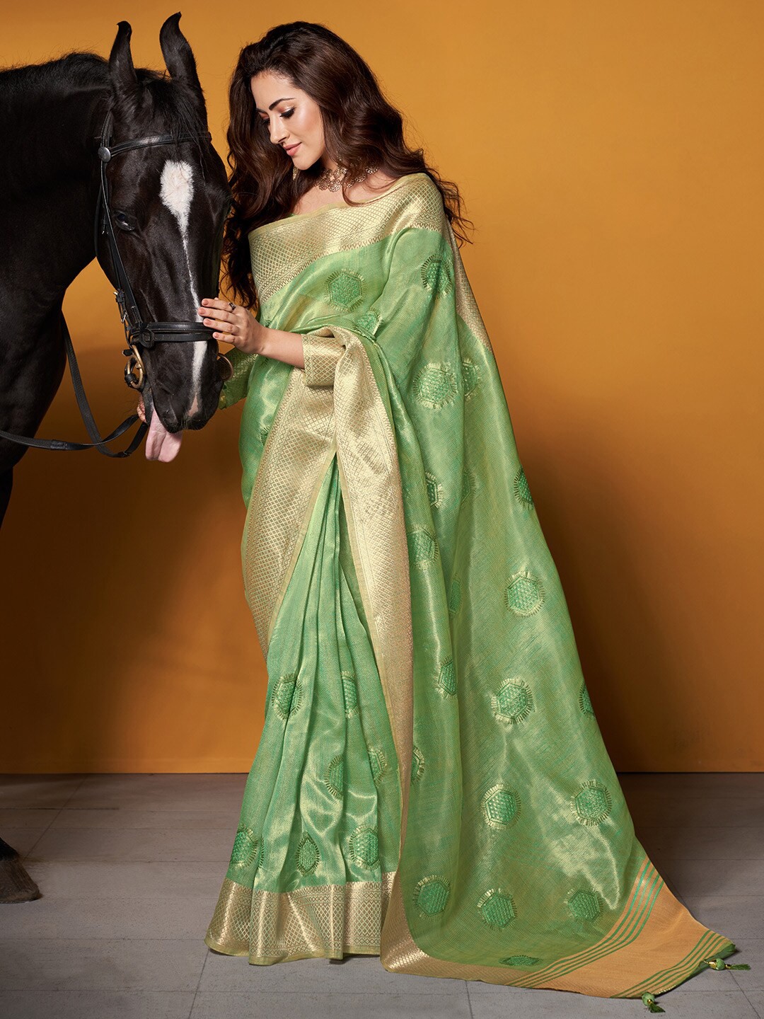 

KARAGIRI Ethnic Motifs Woven Design Zari Saree, Green