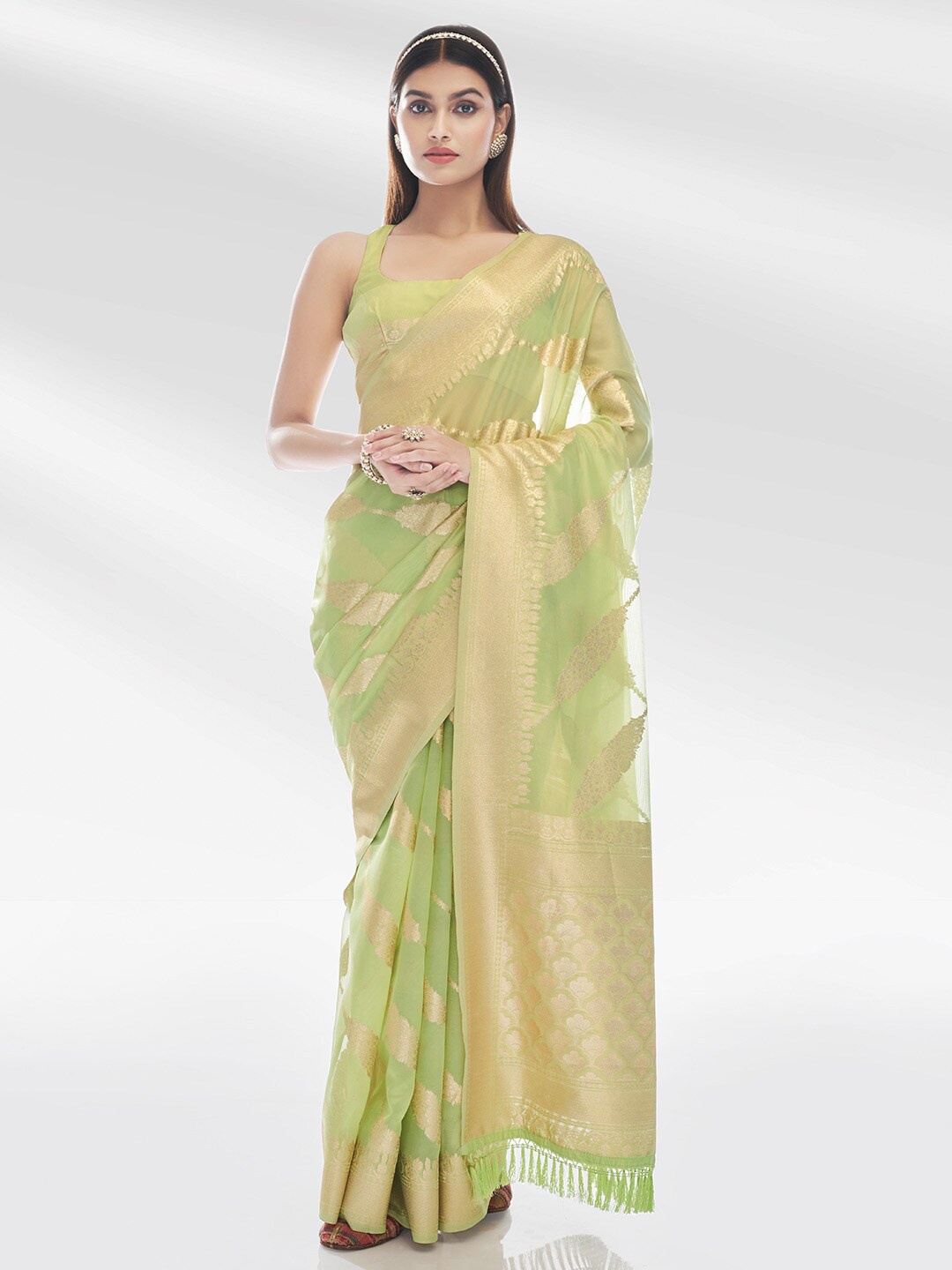 

KARAGIRI Ethnic Motifs Woven Design Zari Organza Saree, Green