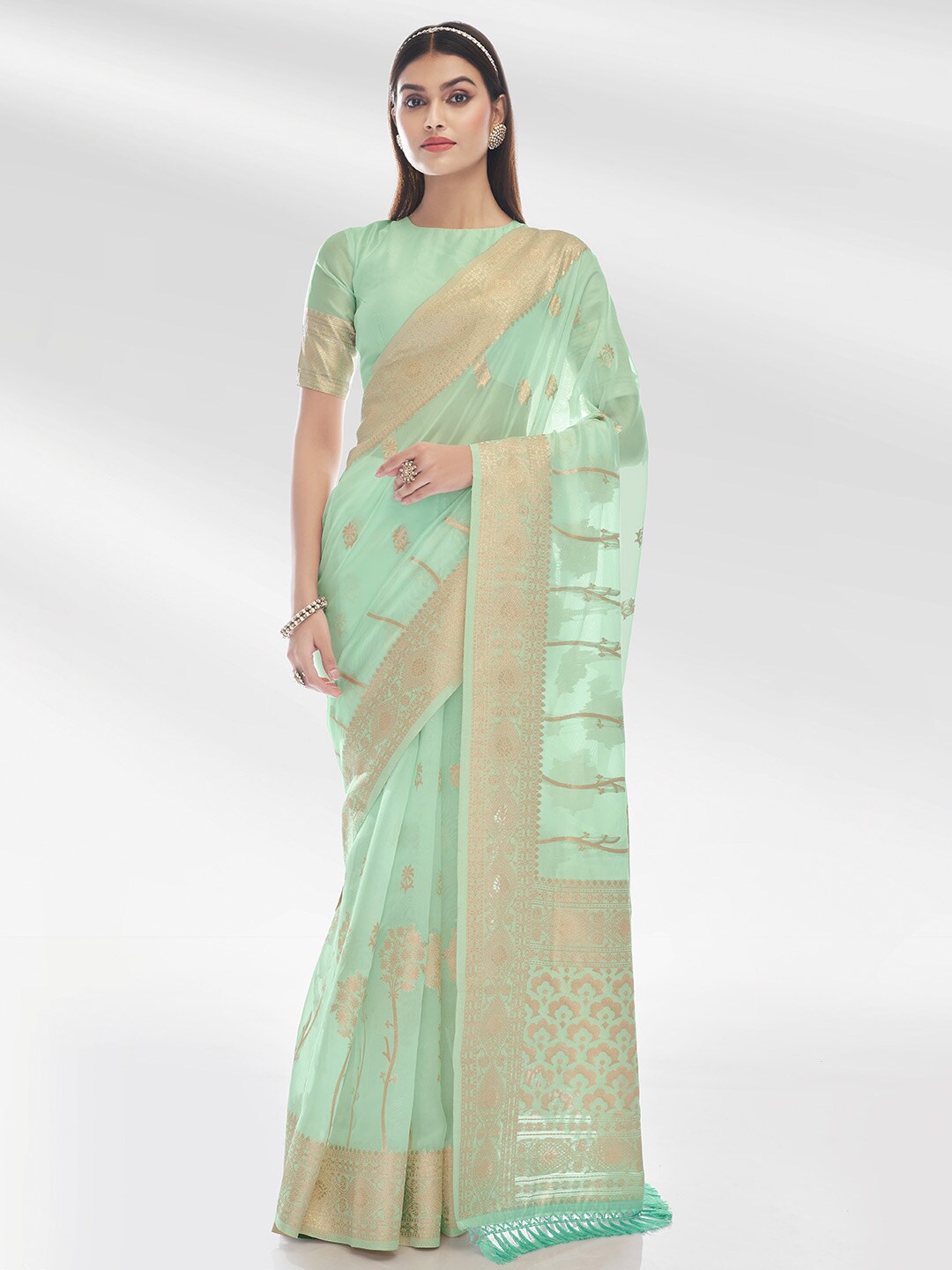 

KARAGIRI Floral Woven Design Zari Organza Saree, Sea green