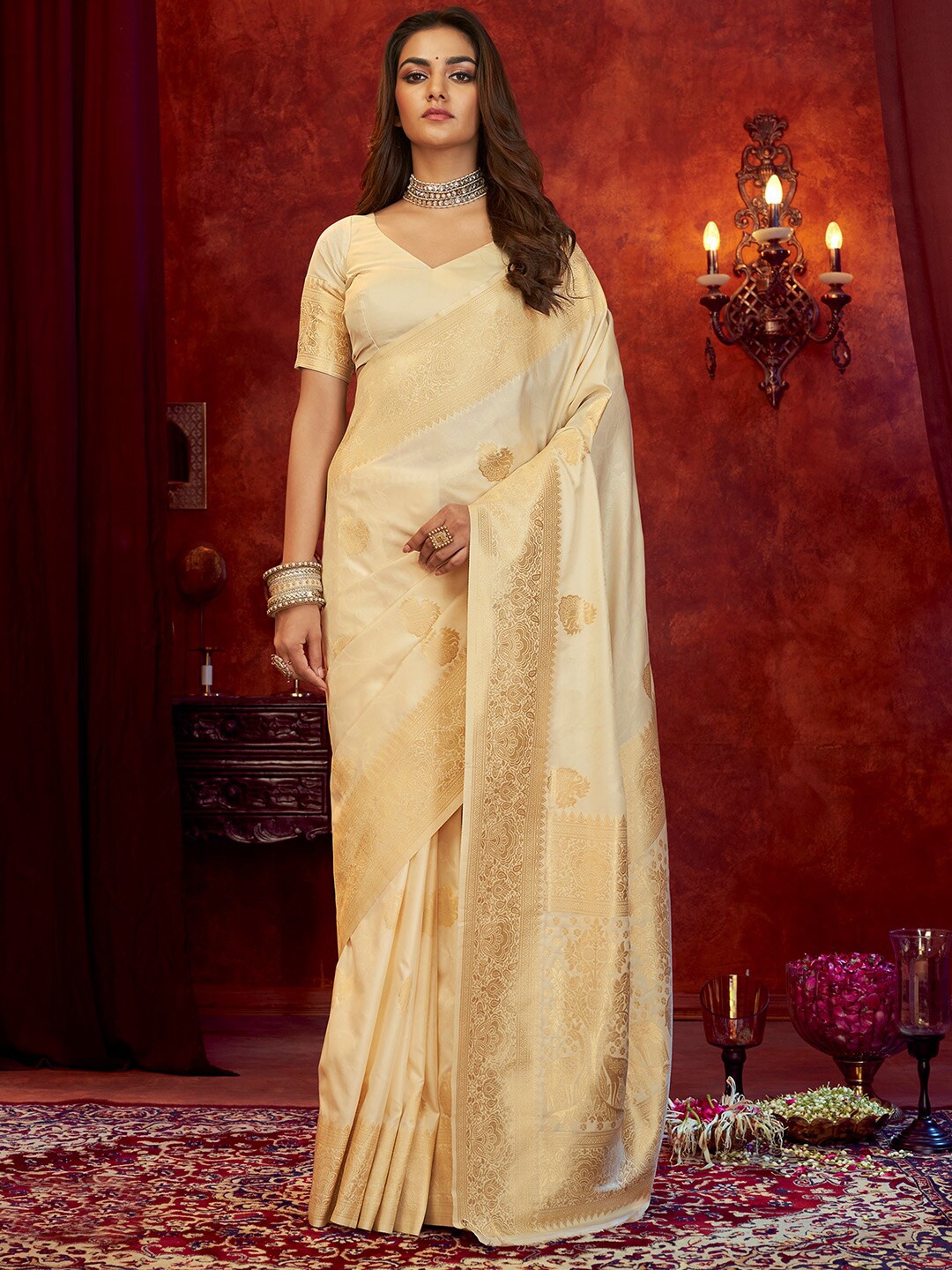 

KARAGIRI Ethnic Motifs Woven Design Zari Banarasi Saree, Beige