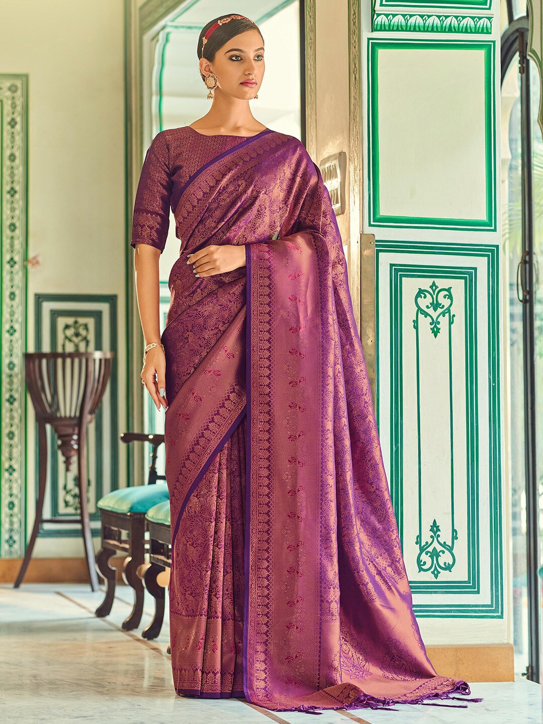 

KARAGIRI Ethnic Motifs Woven Design Zari Saree, Violet