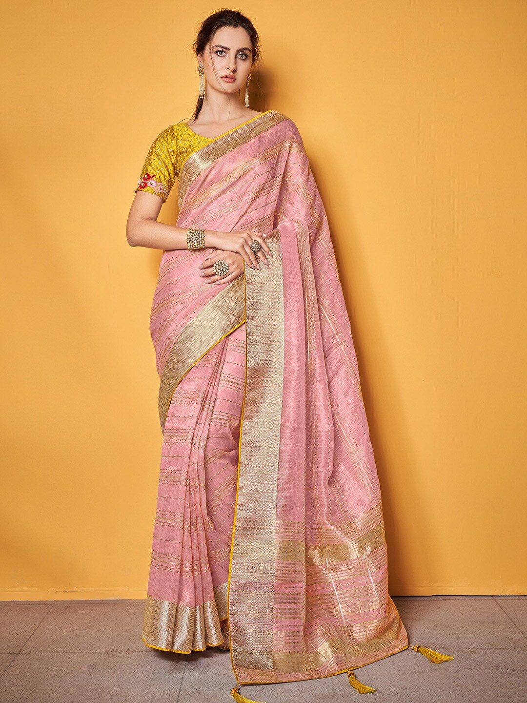 

KARAGIRI Striped Sequinned Zari Silk Blend Saree, Pink