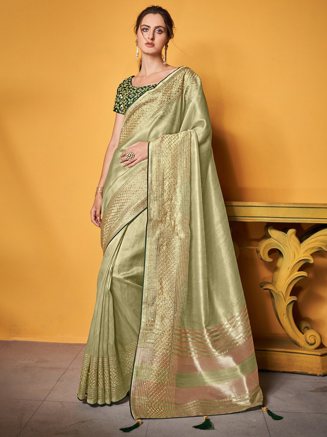 

KARAGIRI Embellished Sequined Zari Silk Blend Saree, Green