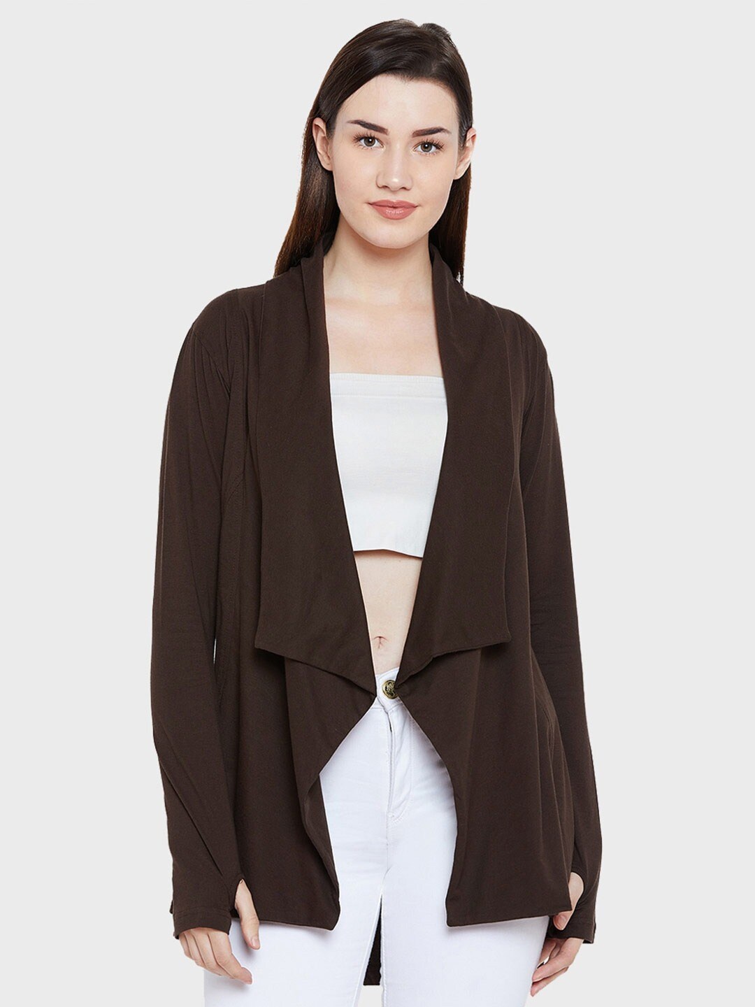 

Hypernation Women Asymmetric Cotton Lapel Shrug, Brown