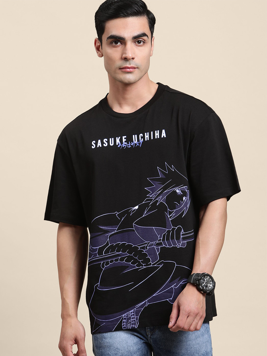 

Free Authority Naruto Printed Cotton Loose-Fit Half Sleeve T-Shirt, Black
