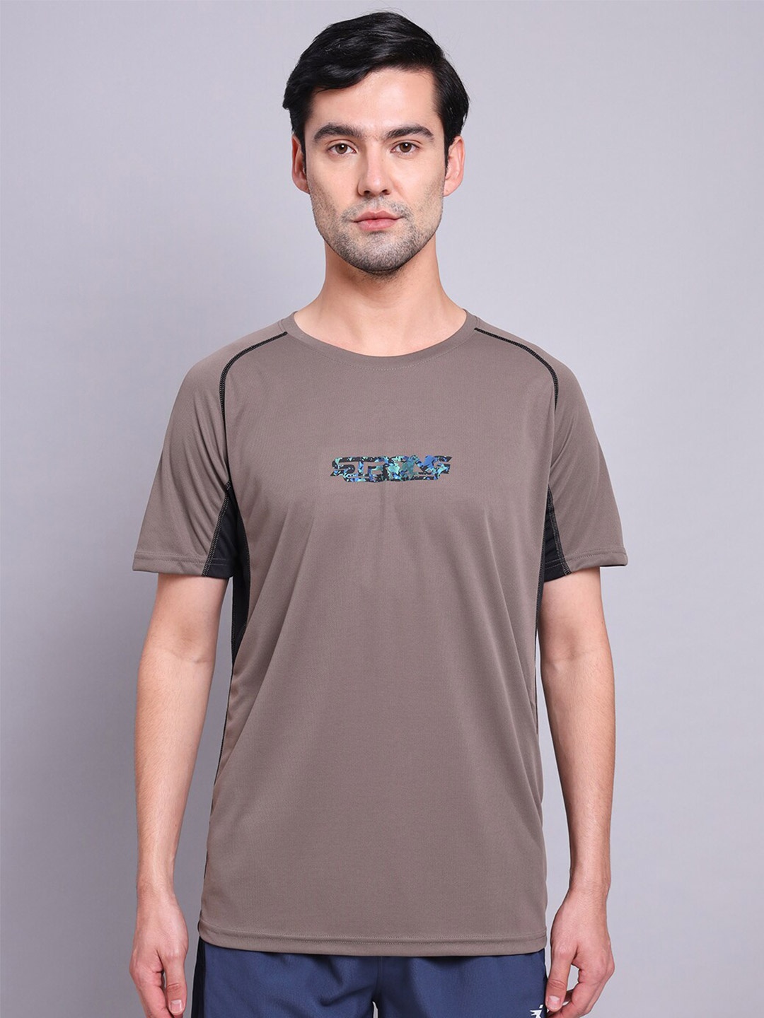 

Technosport Men Taupe Typography Antimicrobial Applique Training or Gym T-shirt