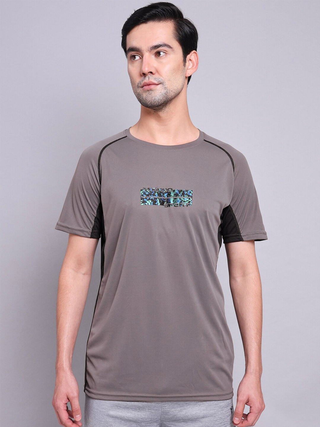 

Technosport Men Beige Colourblocked Antimicrobial Training or Gym T-shirt