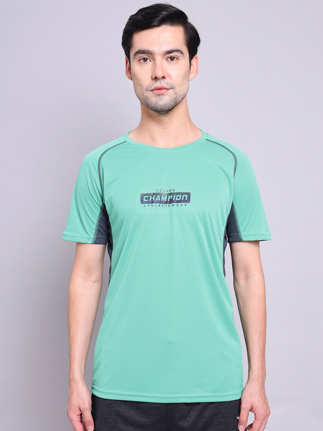 

Technosport Men Green Typography Antimicrobial Applique Training or Gym T-shirt