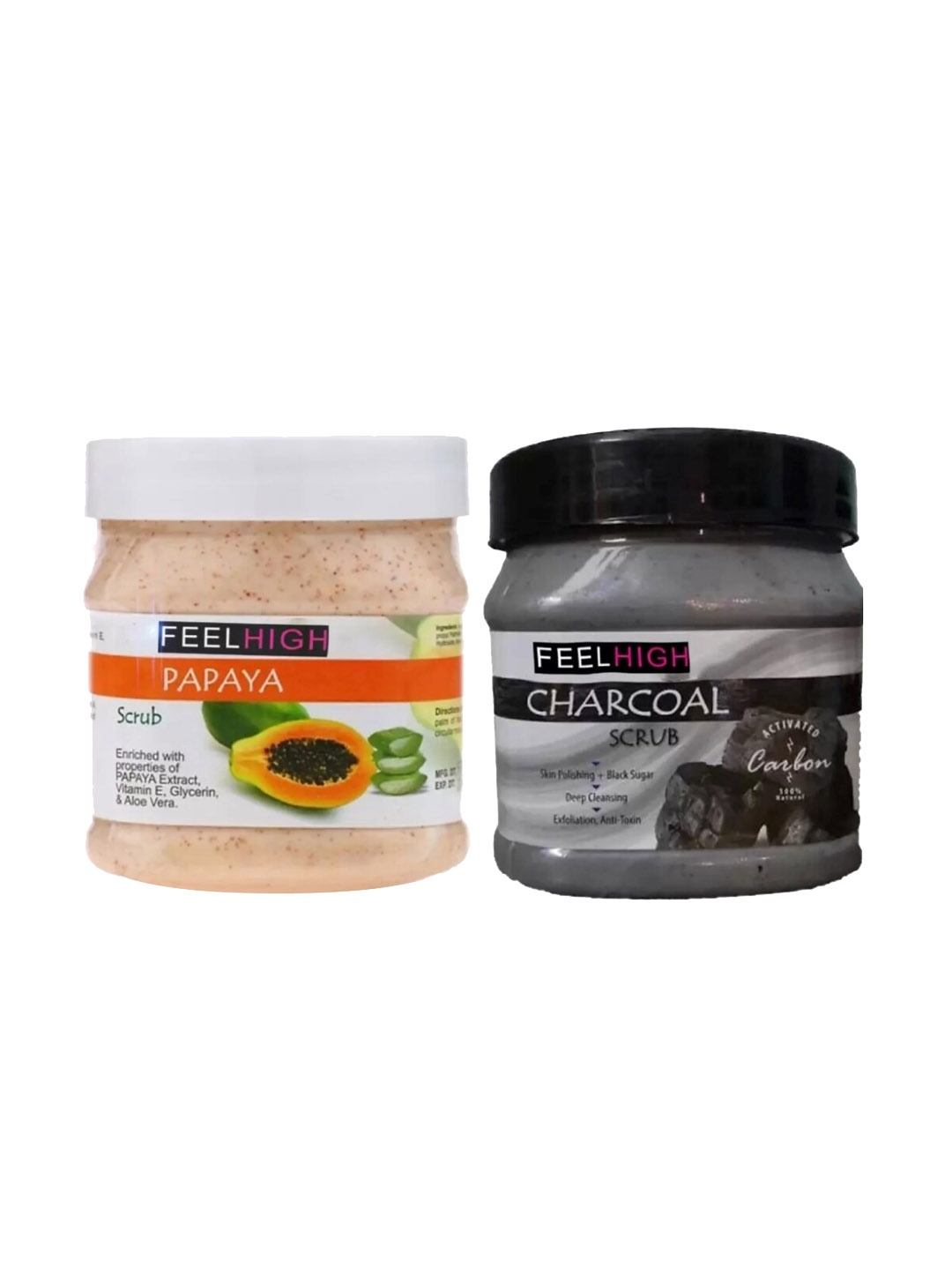 

FEELHIGH Set Of 2 Papaya Scrub & Charcoal Scrub For Face & Body Exfoliators 500 ml Each, Black