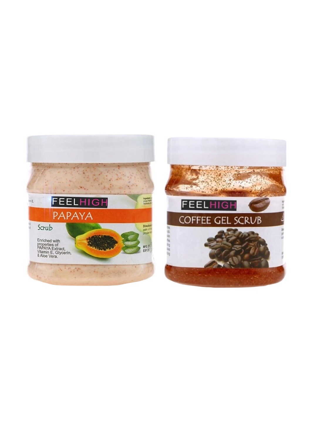 

FEELHIGH Set Of 2 Papaya Scrub & Coffee Gel Scrub For Face & Body Exfoliators 500 ml Each, Beige