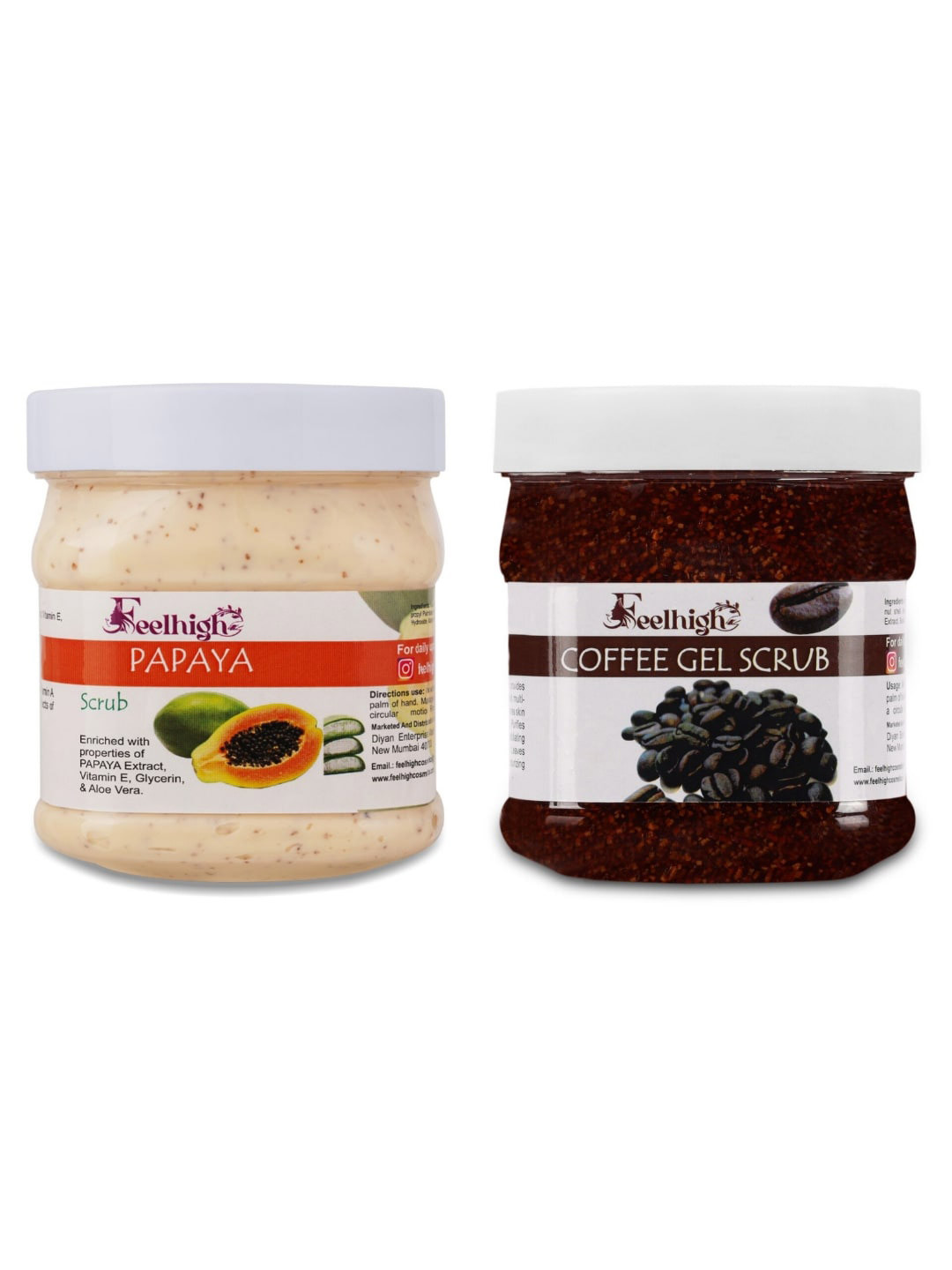 

FEELHIGH Set Of 2 Papaya Scrub & Coffee Gel Scrub For Face & Body Exfoliators 500 ml Each, Beige