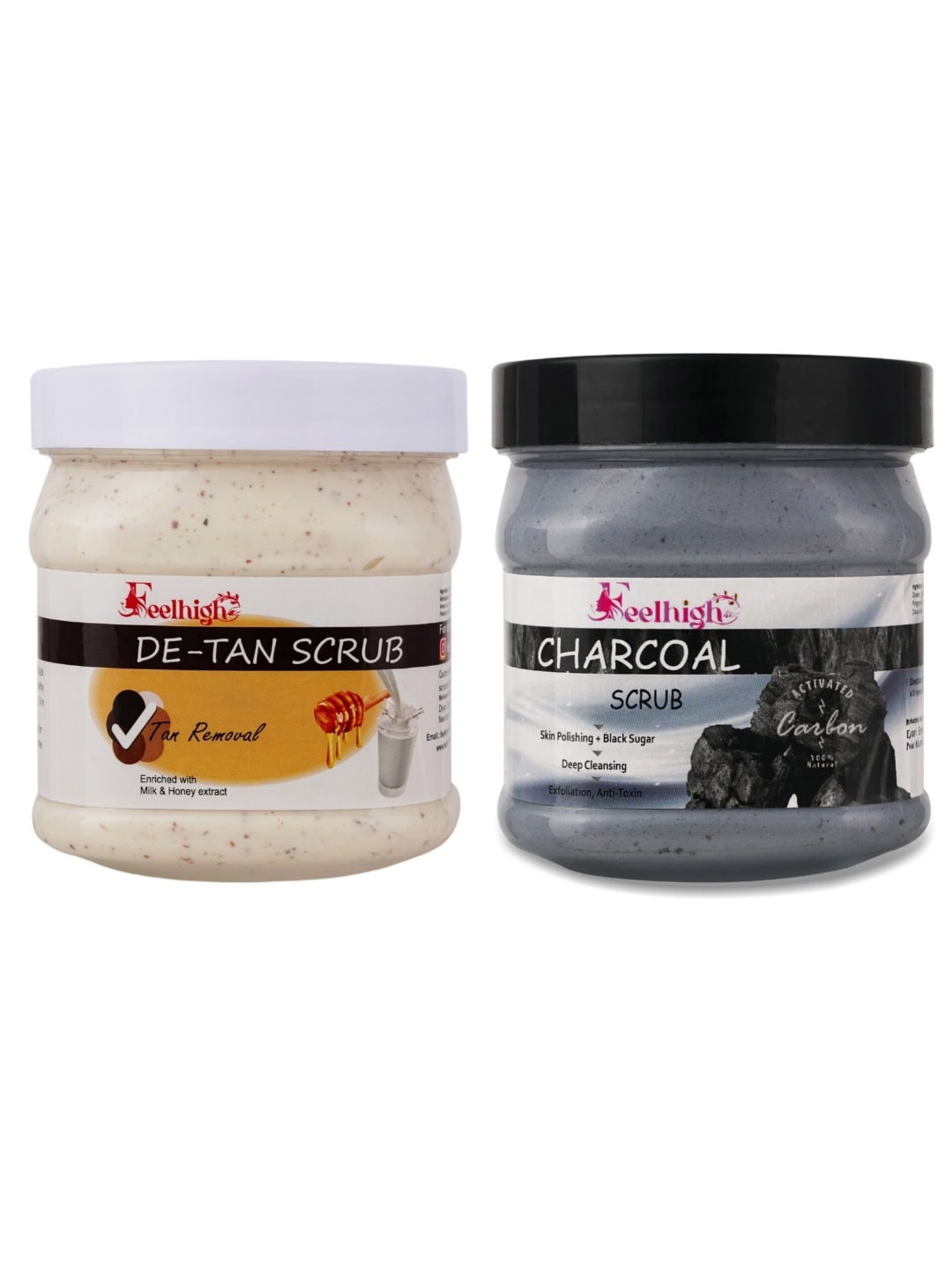 

FEELHIGH Set Of 2 De Tan Scrub & Charcoal Scrub For Face & Body Exfoliators 500 ml Each, Black