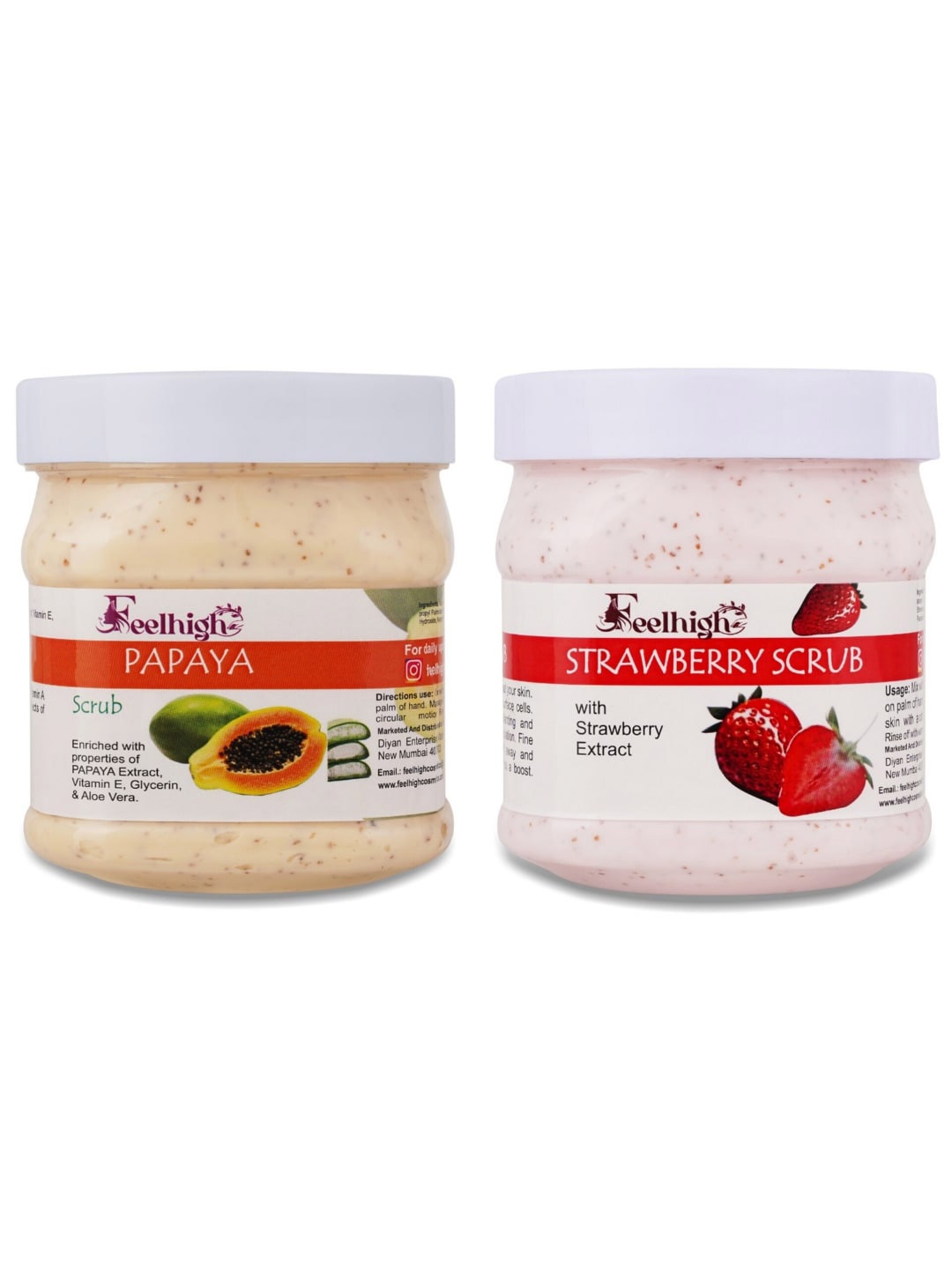 

FEELHIGH Set Of 2 Papaya Scrub & Strawberry Scrub For Face & Body Exfoliators 500 ml Each, Pink