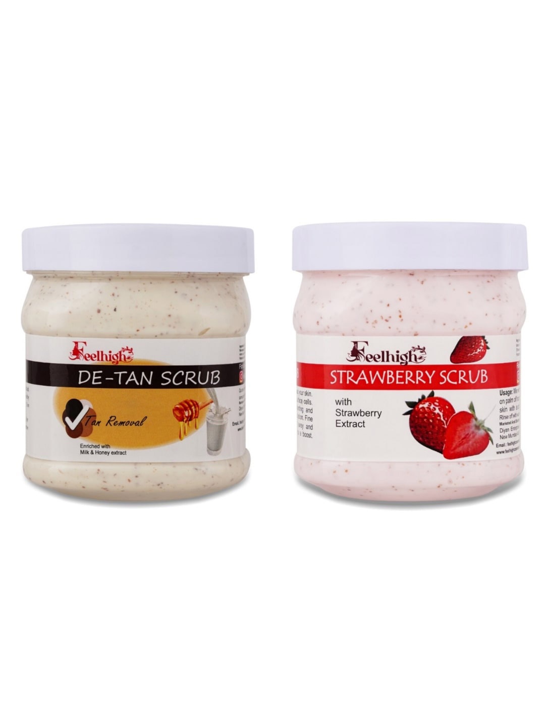 

FEELHIGH Set Of 2 De Tan Scrub & Strawberry Scrub For Face & Body Exfoliators 500 ml Each, Multi