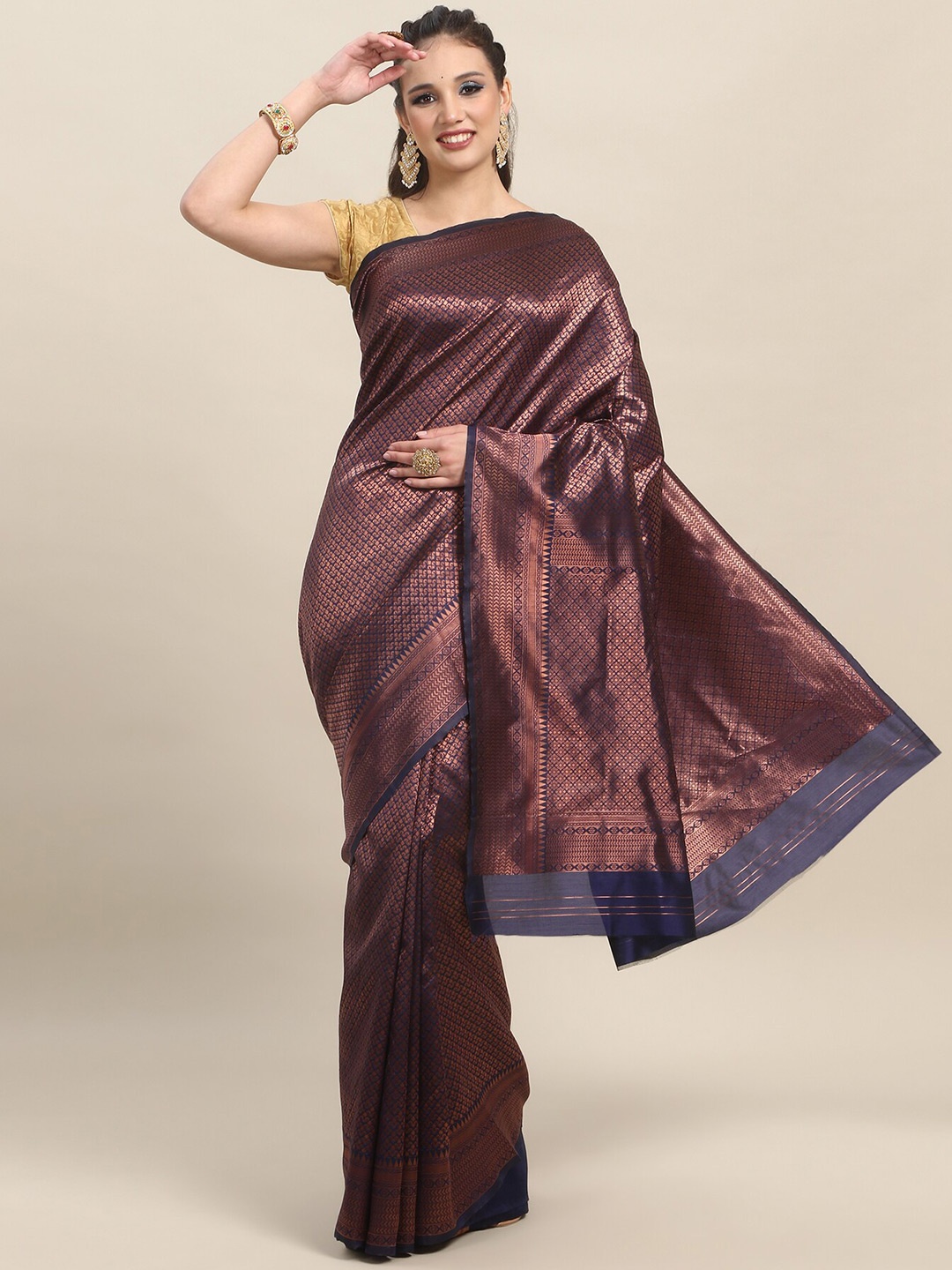 

Wuxi Ethinic Motifs Woven Design Zari Pure Silk Banarasi Saree, Navy blue