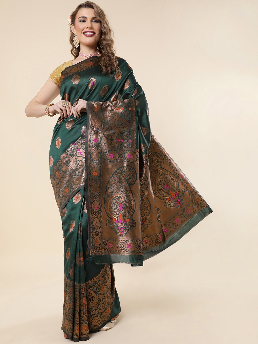 

Wuxi Ethnic Motif Woven Design Zari Pure Silk Kanjeevaram Saree, Green