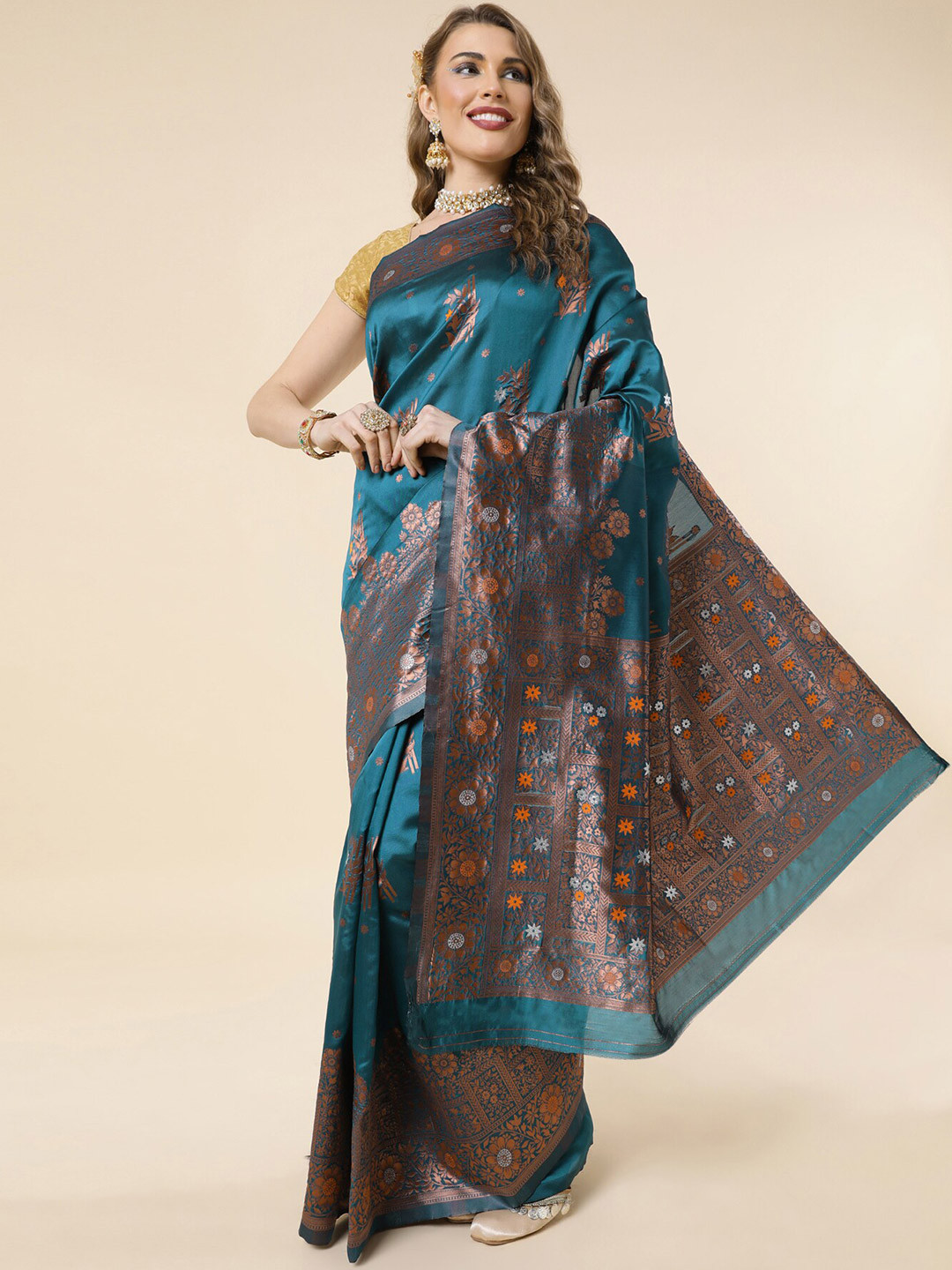 

Wuxi Floral Woven Design Zari Pure Silk Kanjeevaram Saree, Teal