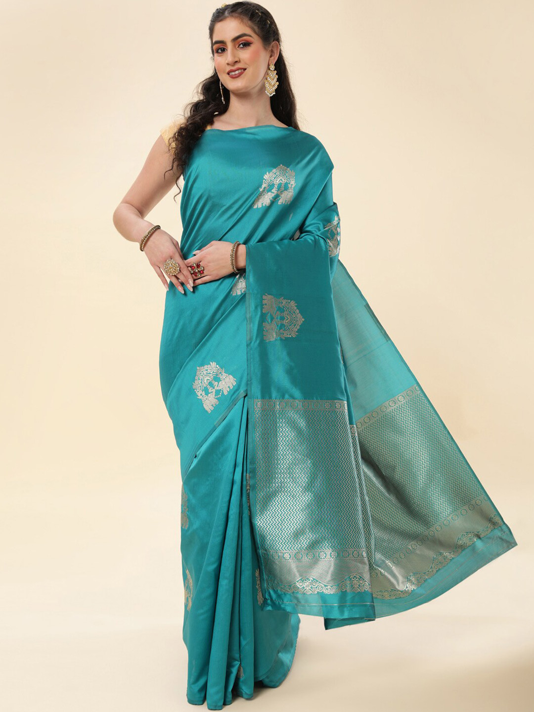 

Wuxi Ethnic Motifs Woven Design Zari Pure Silk Kanjeevaram Saree, Sea green