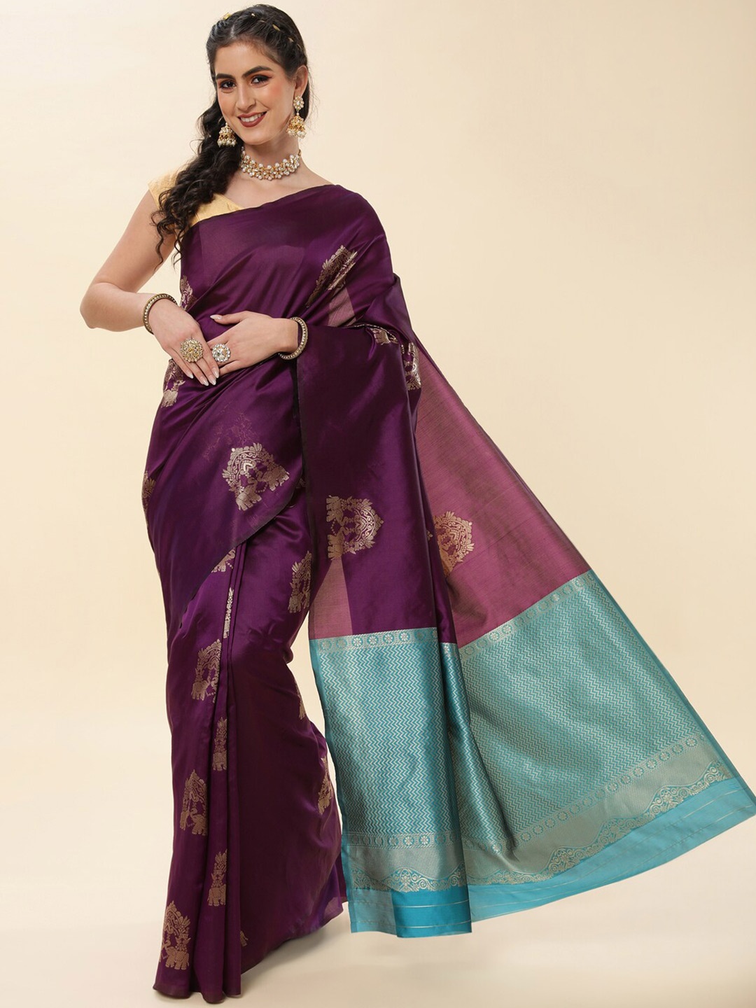 

Wuxi Ethnic Motif Woven Design Zari Pure Silk Kanjeevaram Saree, Purple