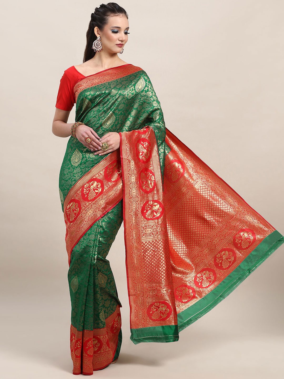 

Wuxi Ethinic Motifs Woven Design Zari Pure Silk Banarasi Saree, Green