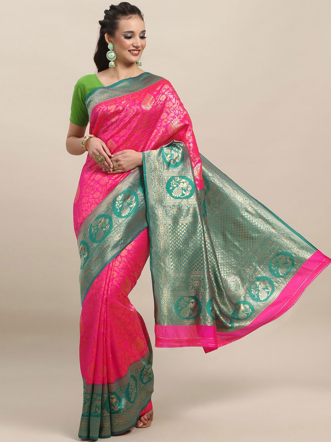 

Wuxi Floral Woven Design Zari Pure Silk Banarasi Saree, Pink