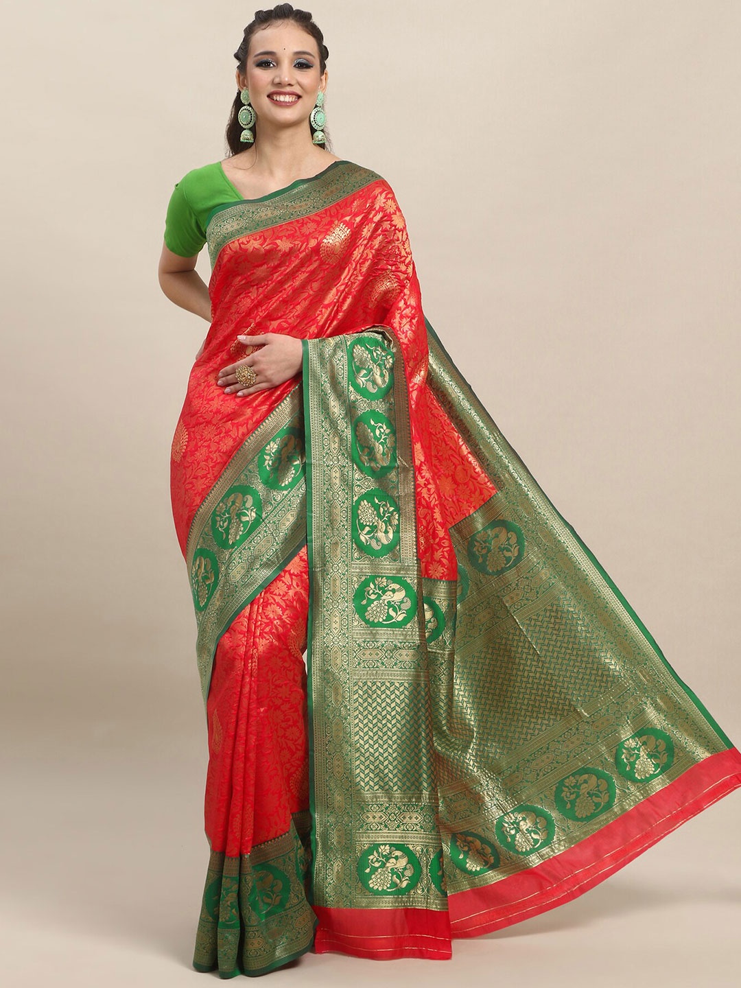 

Wuxi Floral Motif Design Zari Pure Silk Banarasi Saree, Red