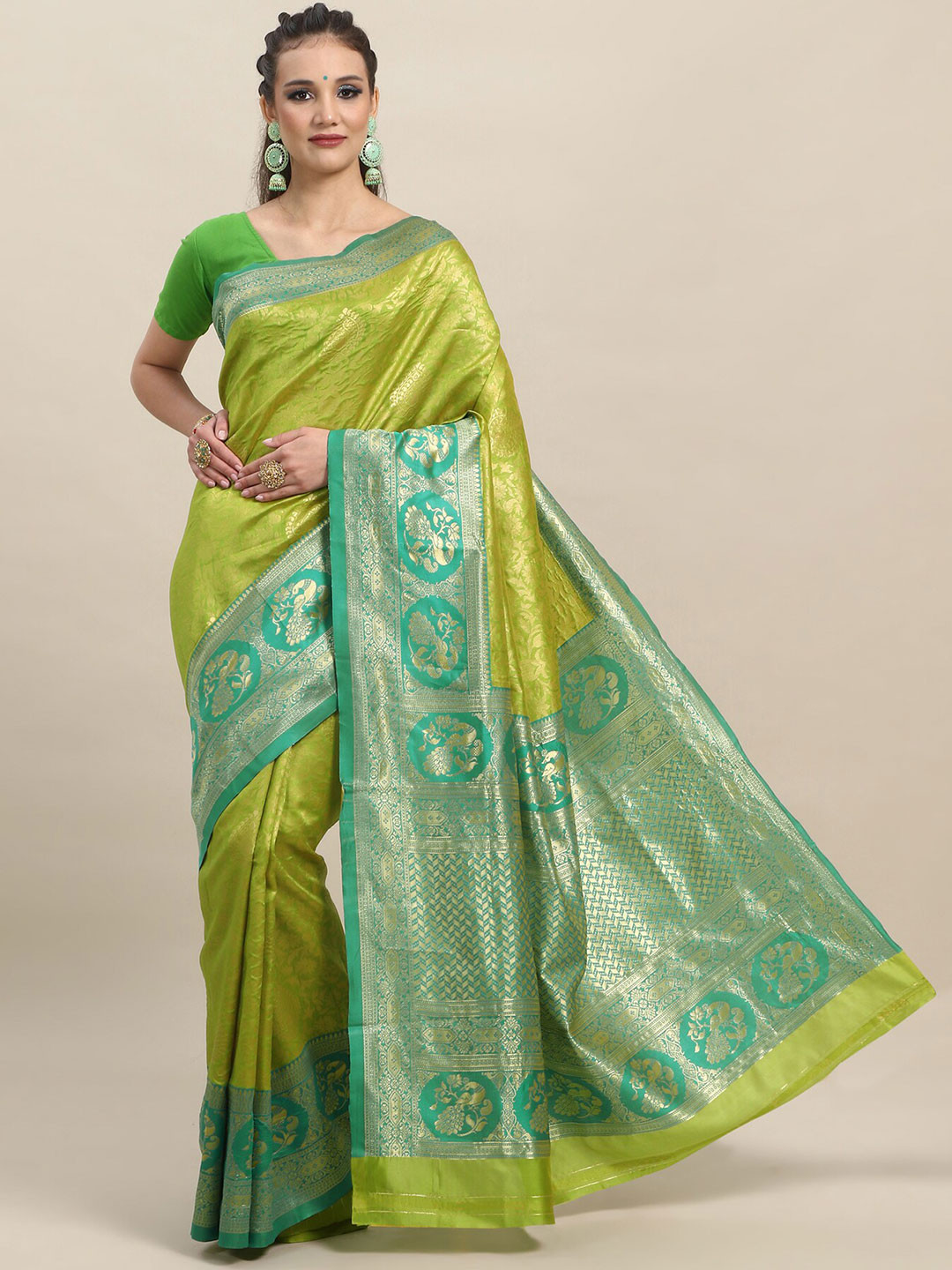 

Wuxi Ethnic Motif Zari Pure Silk Banarasi Saree, Lime green