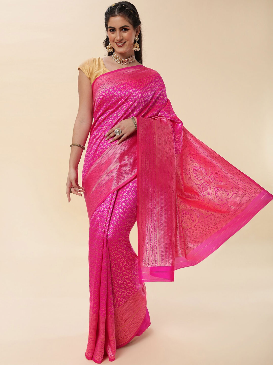 

Wuxi Ethnic Woven Design Zari Pure Silk Banarasi Saree, Pink