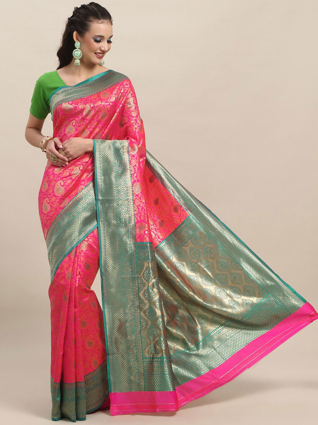 

Wuxi Paisley Motif Woven Design Zari Pure Silk Banarasi Saree, Pink