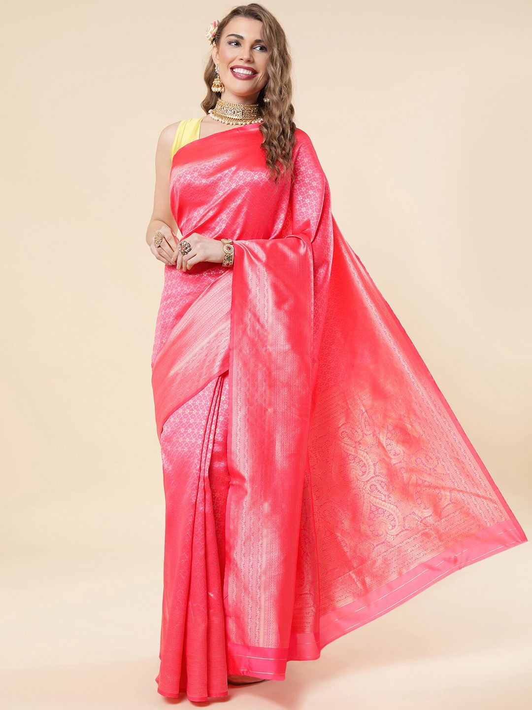 

Wuxi Ethnic Motifs Woven Design Zari Pure Silk Banarasi Saree, Pink