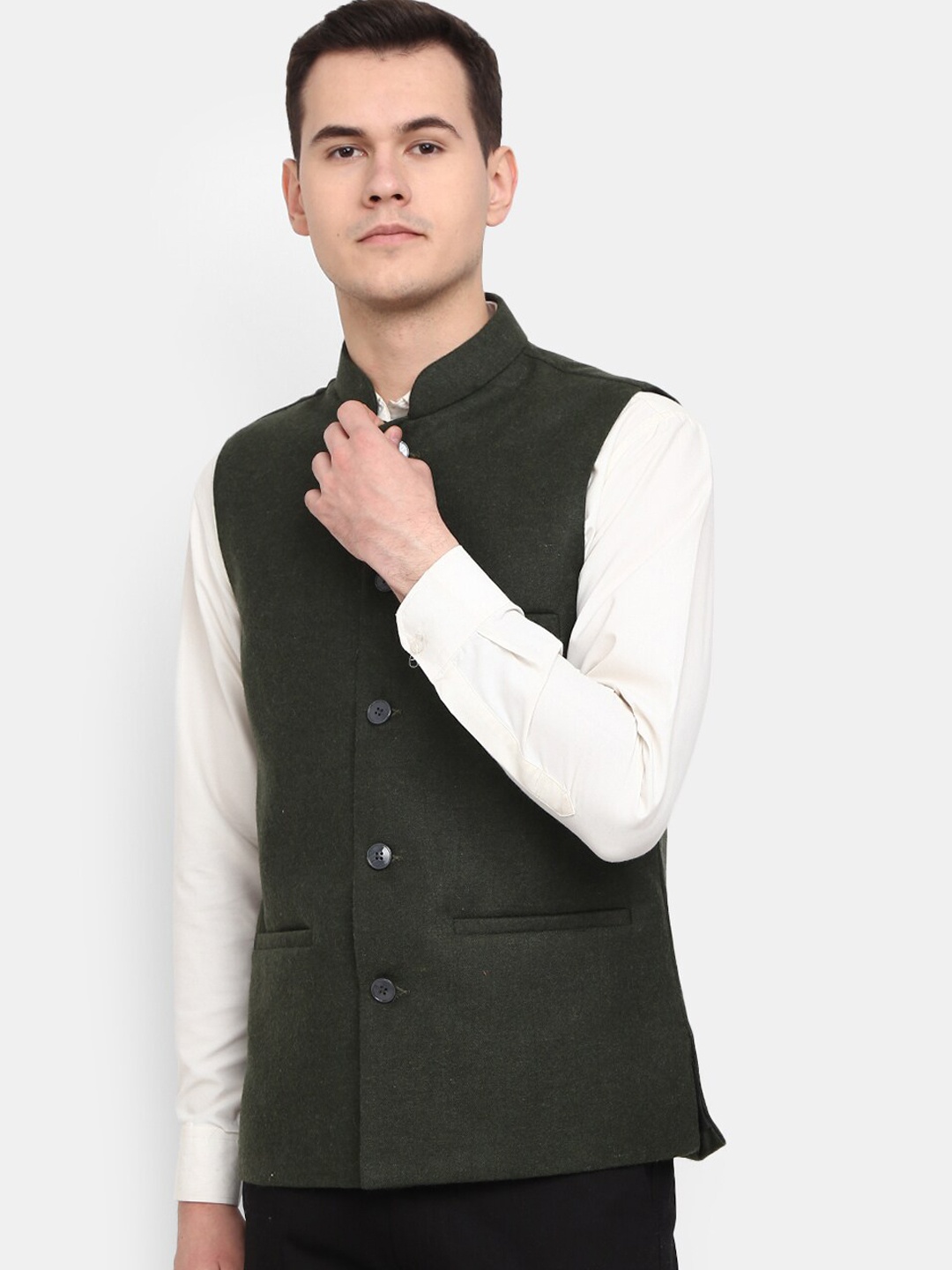 

V-Mart Tweed Mandarin Collar Pure Cotton Nehru Jacket, Green