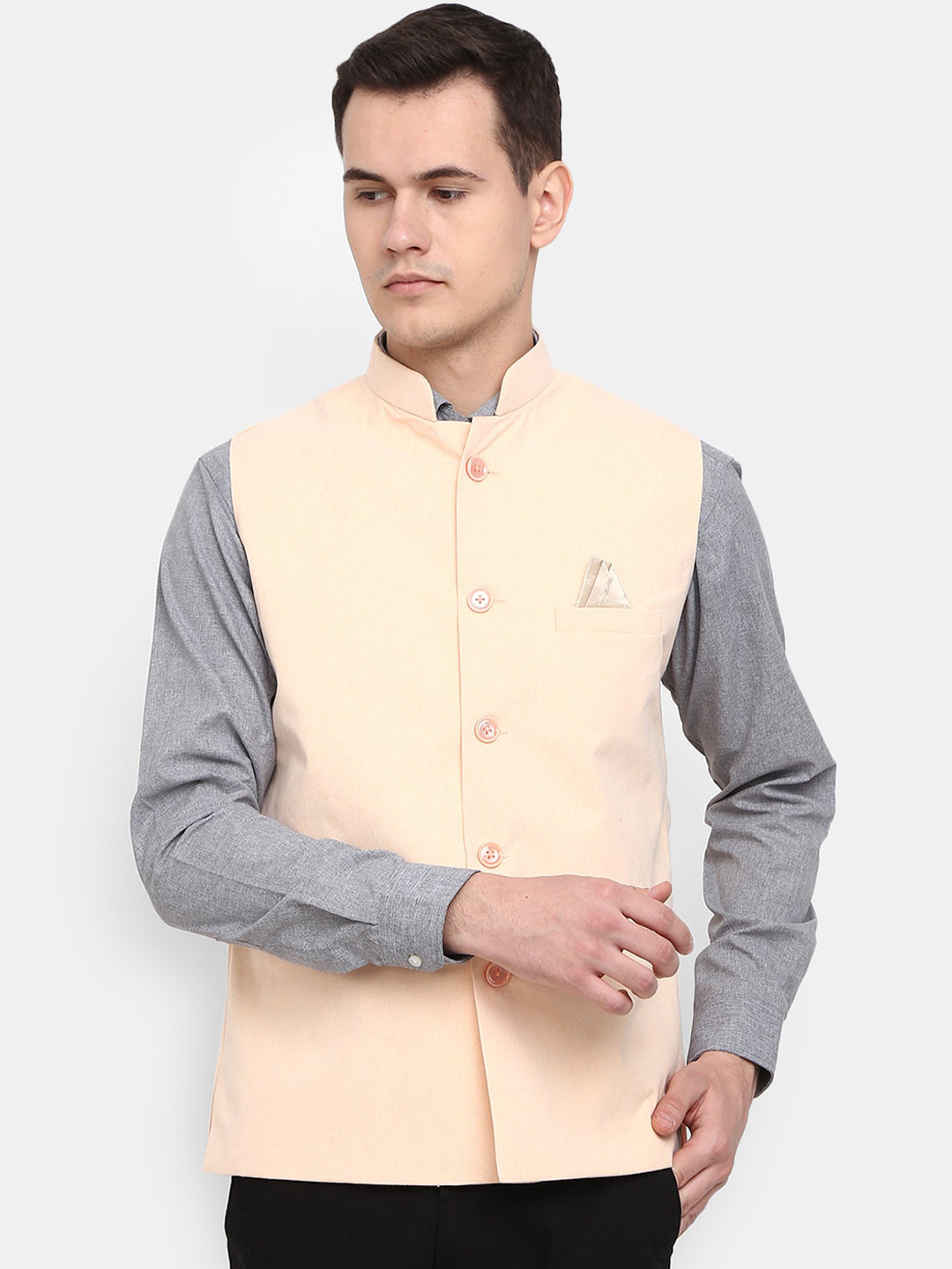 

V-Mart Tweed Mandarin Collar Woven Pure Cotton Nehru Jacket, Pink