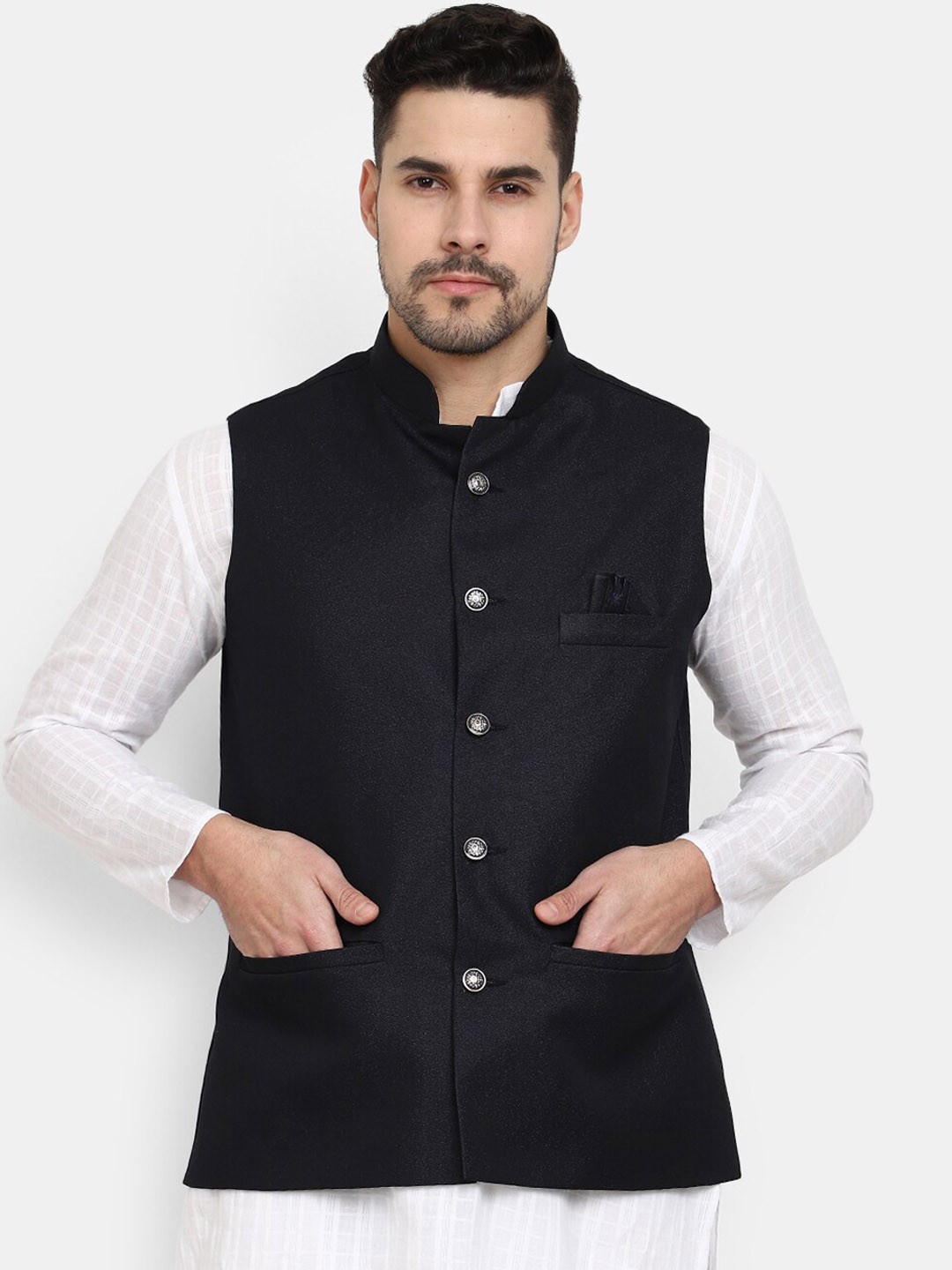 

V-Mart Woven Mandarin Collar Pure Cotton Nehru Jackets, Blue