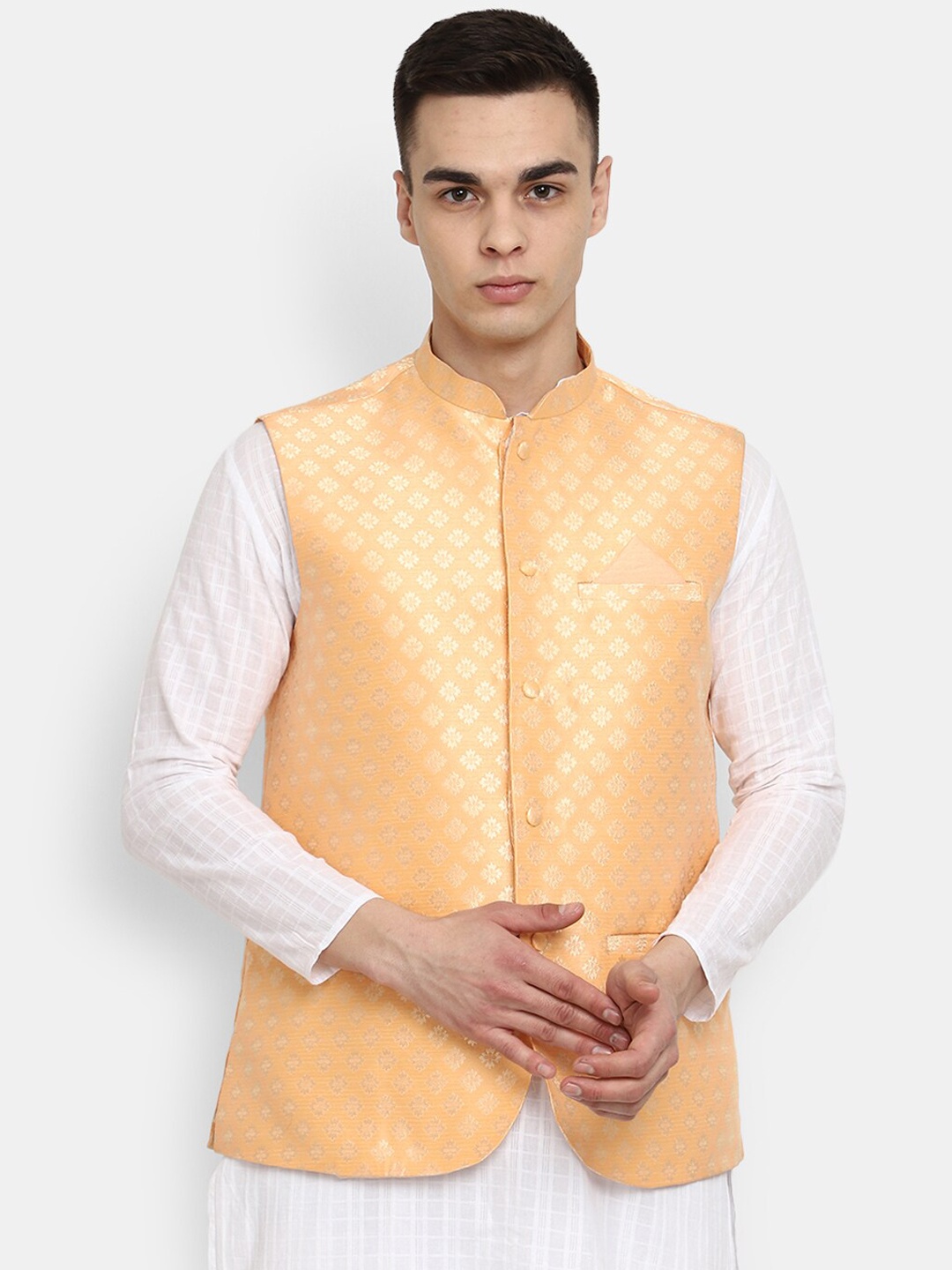 

V-Mart Woven Design Mandarin Collar Nehru Jacket, Orange