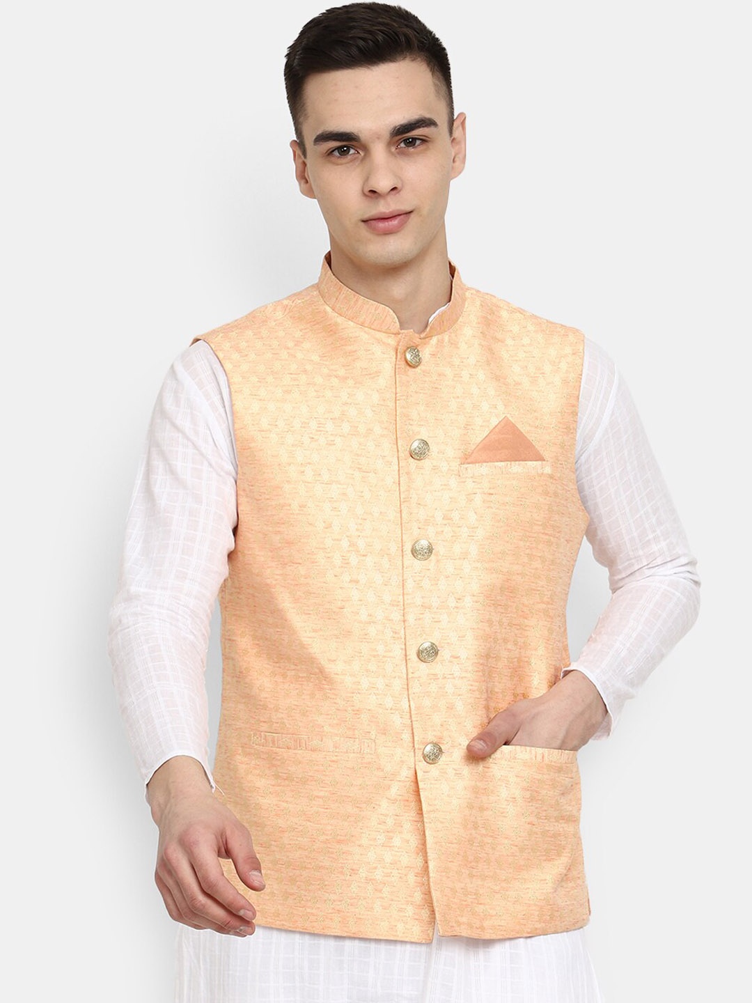 

V-Mart Woven Design Jacquard Mandarin Collar Nehru Jacket, Orange