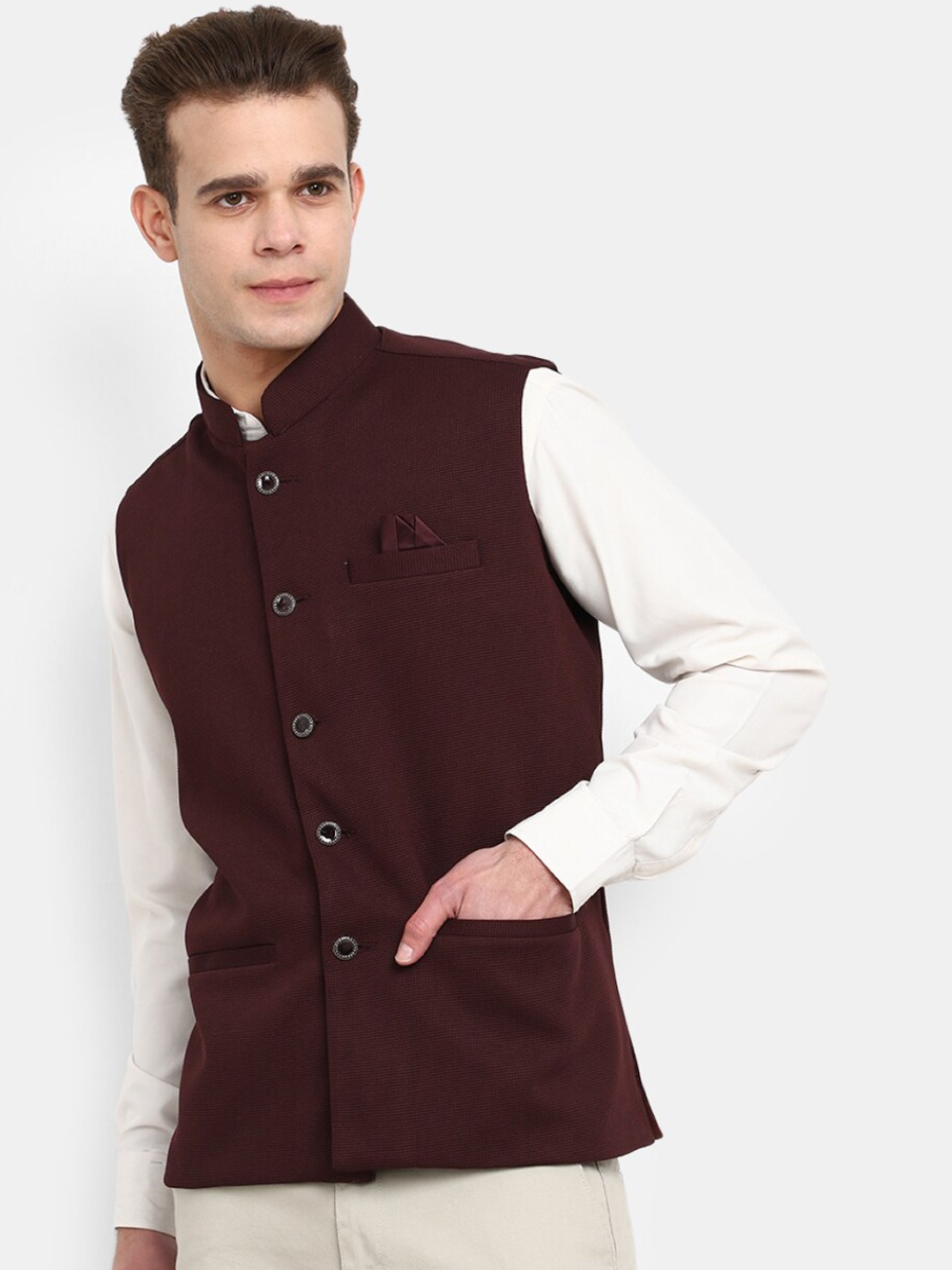 

V-Mart Self Design Woven Mandarin Collar Pure Cotton Nehru Jacket, Red