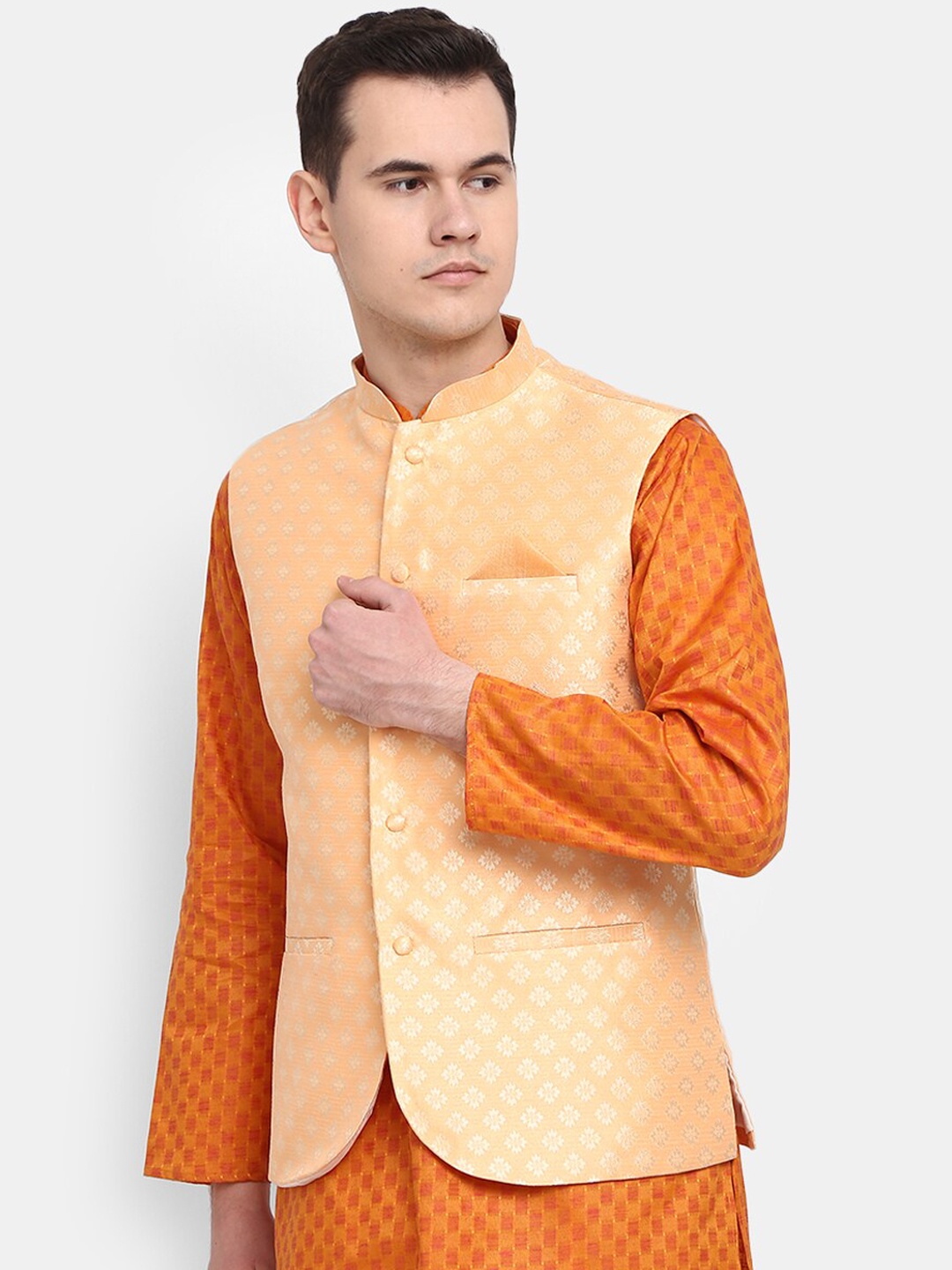 

V-Mart Self Design Jacquard Mandarin Collar Nehru Jacket, Pink