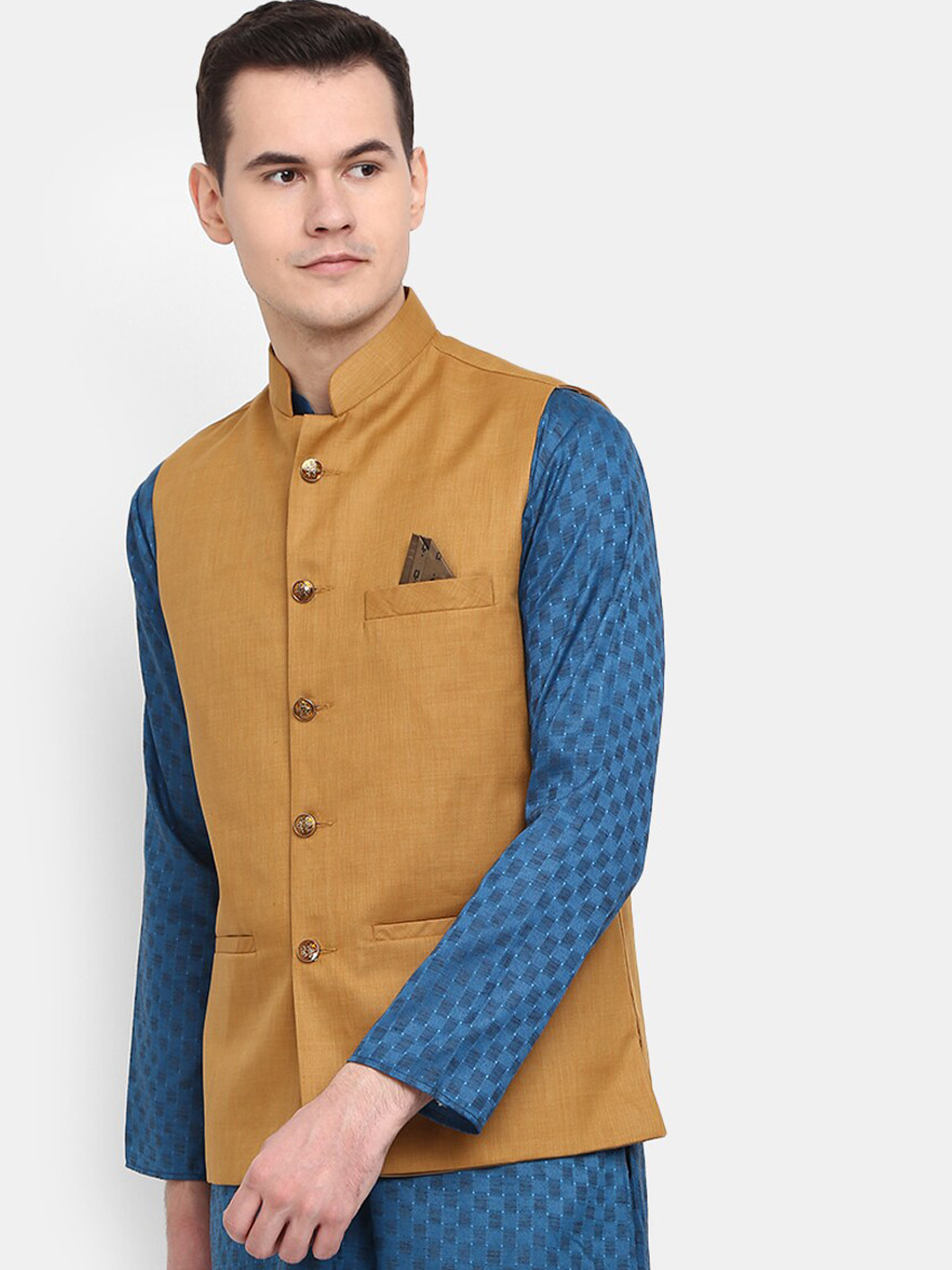 

V-Mart Men Self-Design Mandarin Collar Pure Cotton Nehru Jacket, Khaki