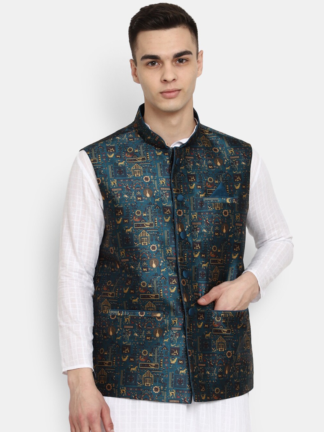

V-Mart Printed Jacquard Mandarin Collar Nehru Jacket, Teal