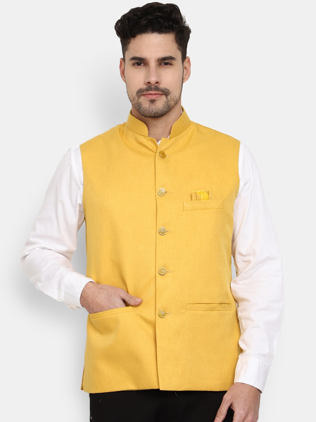 

V-Mart Woven Mandarin Collar Nehru Jacket, Yellow