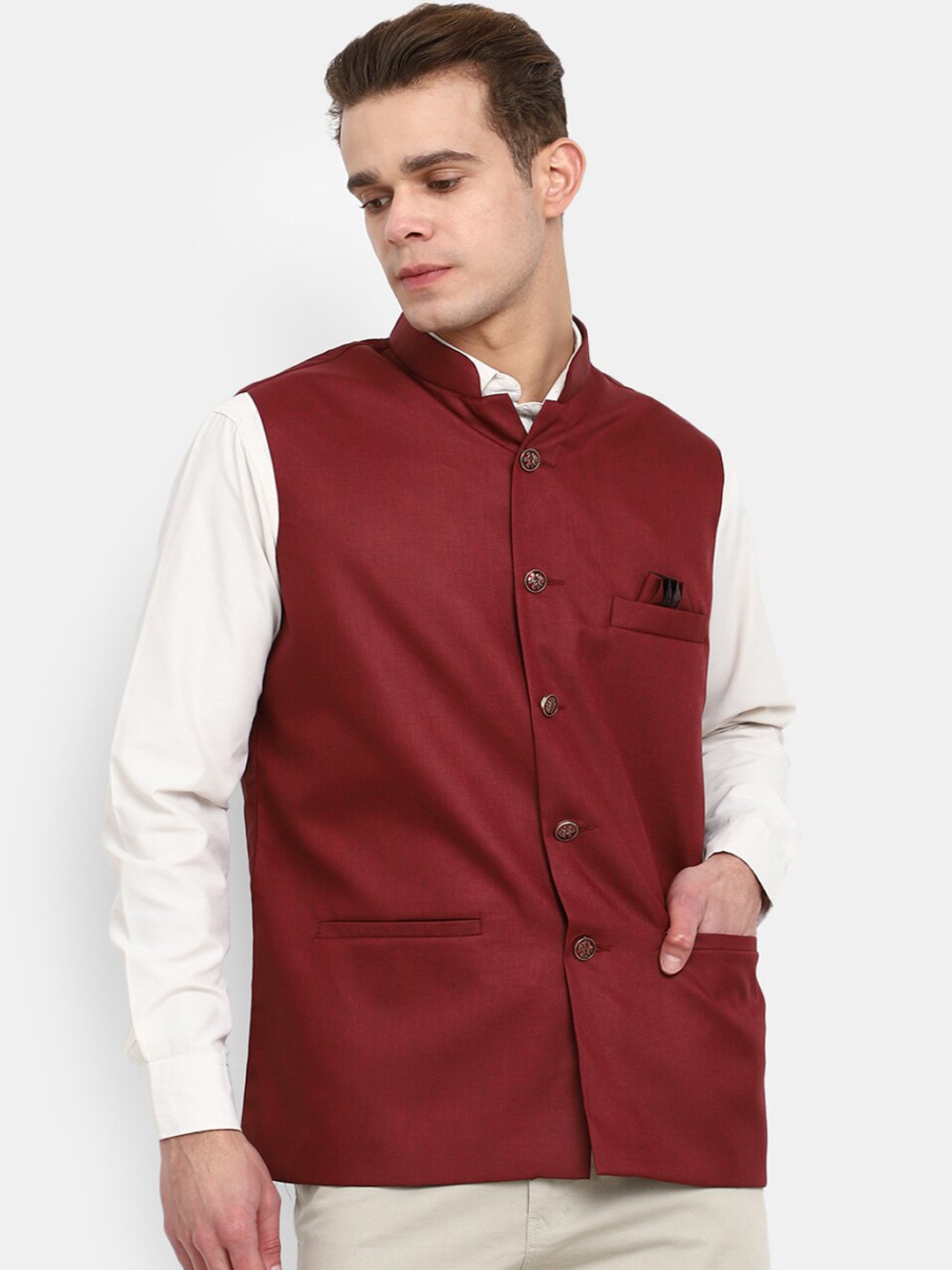 

V-Mart Woven Mandarin Collar Nehru Jackets, Red