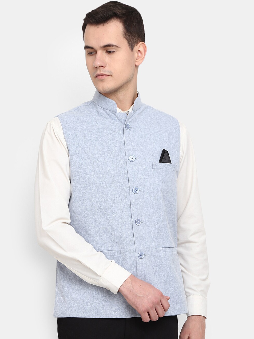 

V-Mart Tweed Mandarin Collar Pure Cotton Nehru Jacket, Blue