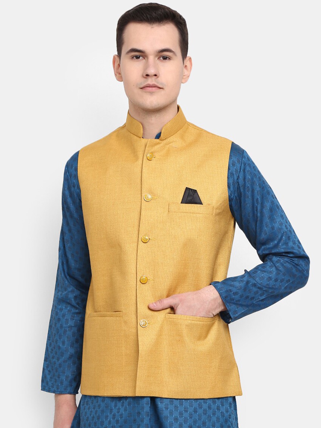 

V-Mart Woven Mandarin Collar Nehru Jackets, Gold