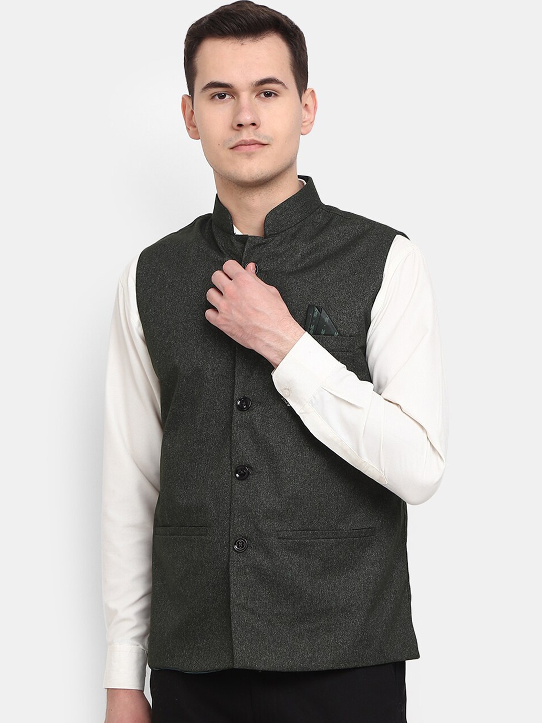 

V-Mart Men Solid Tweed Mandarin Collar Pure Cotton Nehru Jacket, Green