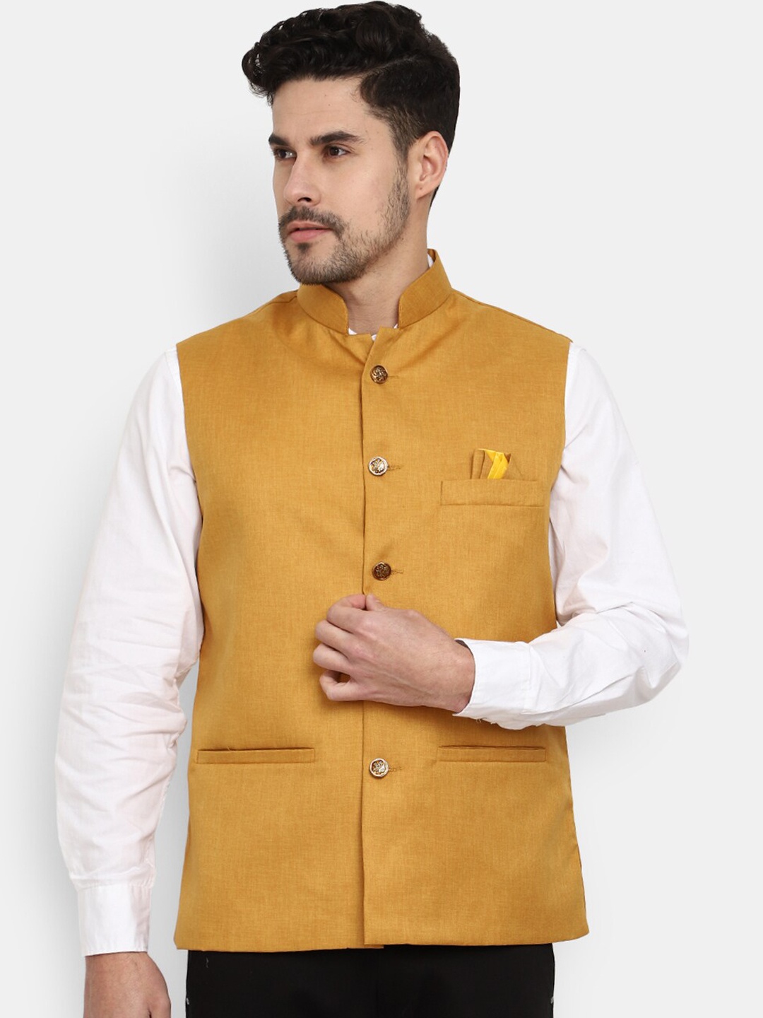 

V-Mart Woven Mandarin Collar Nehru Jackets, Yellow
