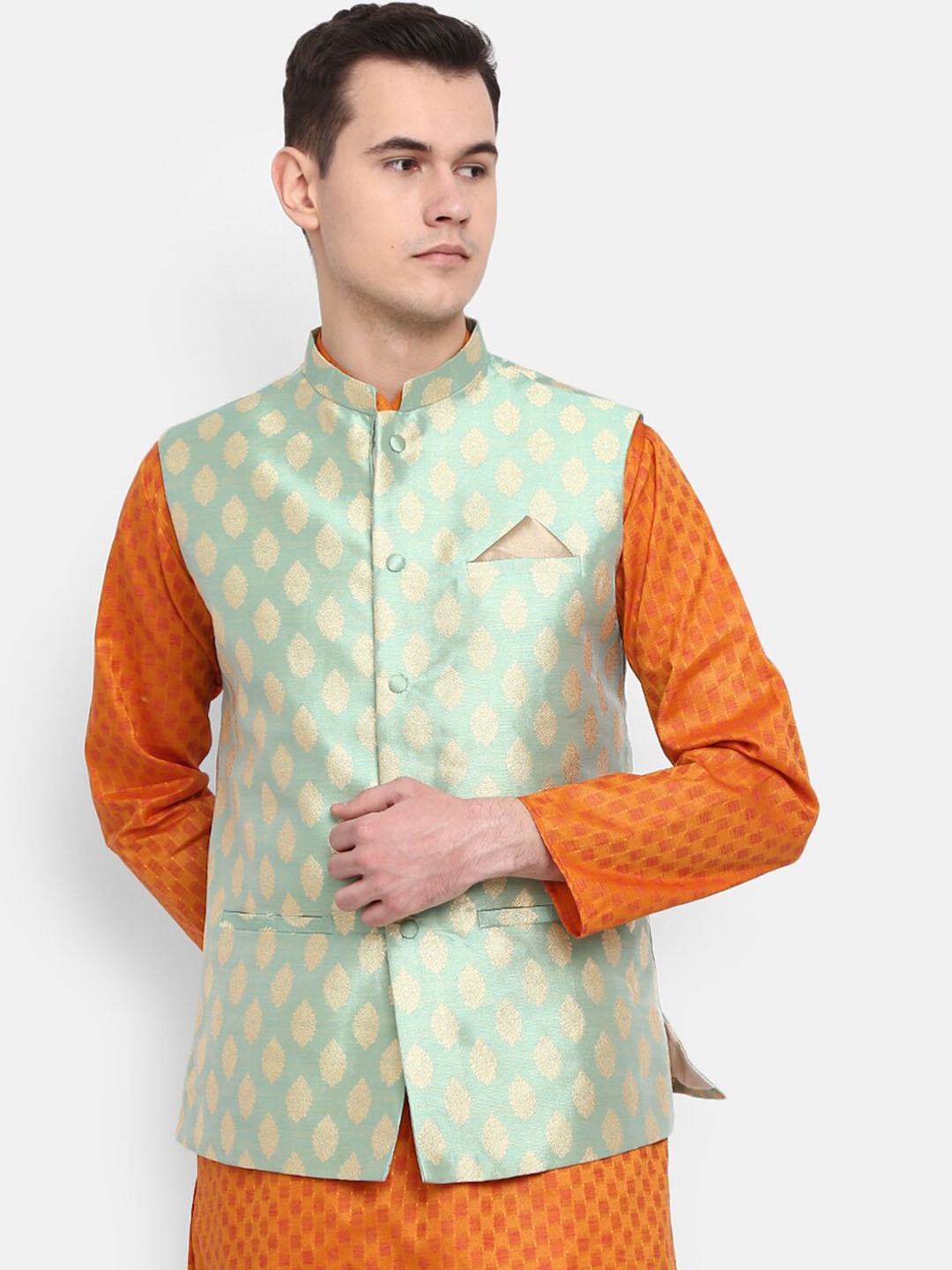 

V-Mart Jacquard Woven Design Nehru Jackets, Green