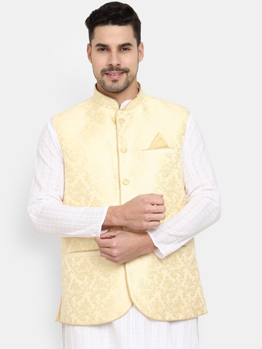

V-Mart Jacquard Woven Design Mandarin Collar Nehru Jackets, Cream