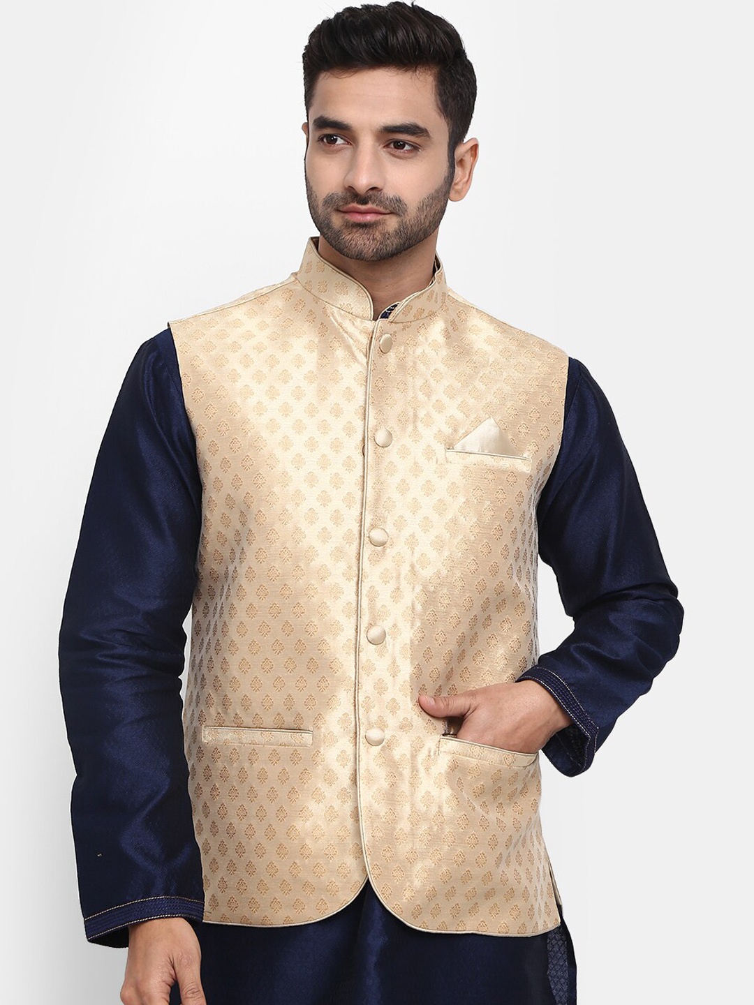 

V-Mart Self Design Jacquard Mandarin Collar Nehru Jacket, Beige